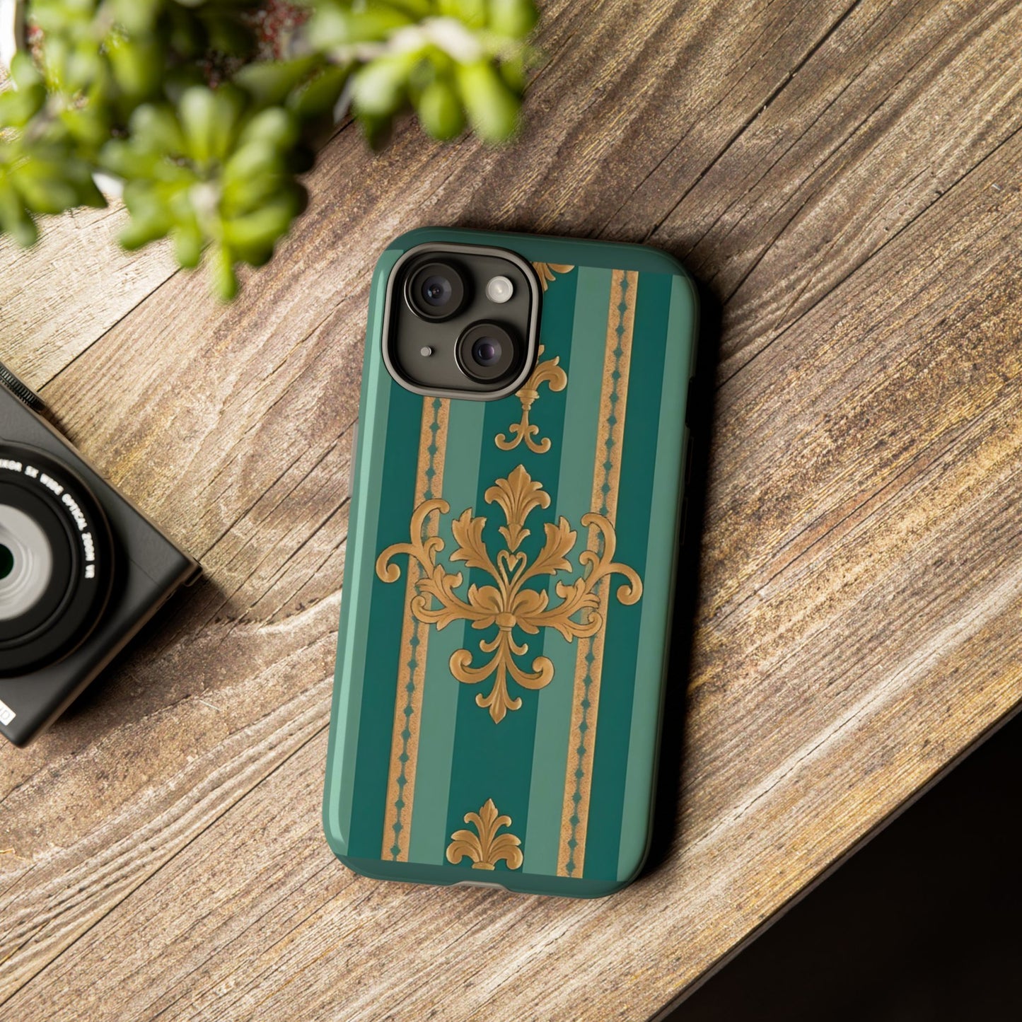 Elegant Floral Motif Phone Case - Tough Cases with Vintage Design - Teal Striped Gold Damask