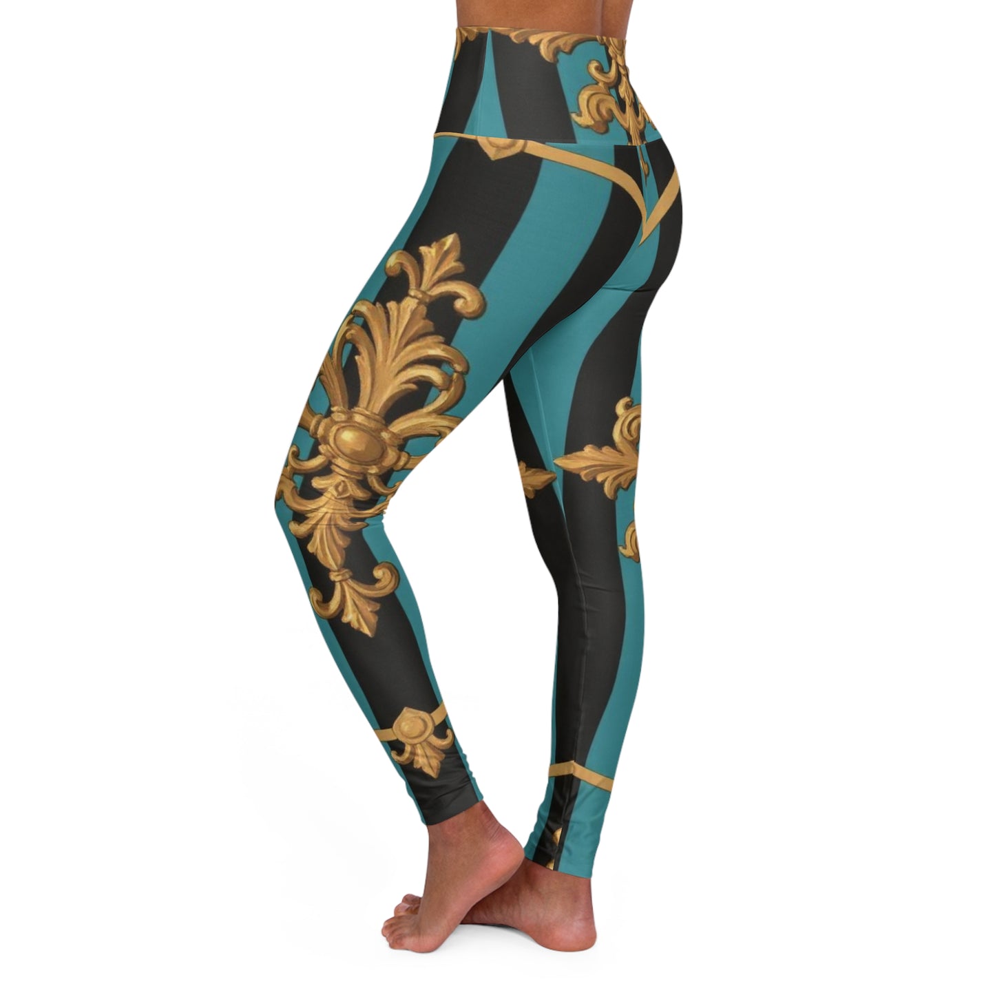 Luxurious Turquoise & Black Striped Gold Baroque High Waisted Yoga Leggings, Fashion Activewear, Workout Leggings, Gym Clothes