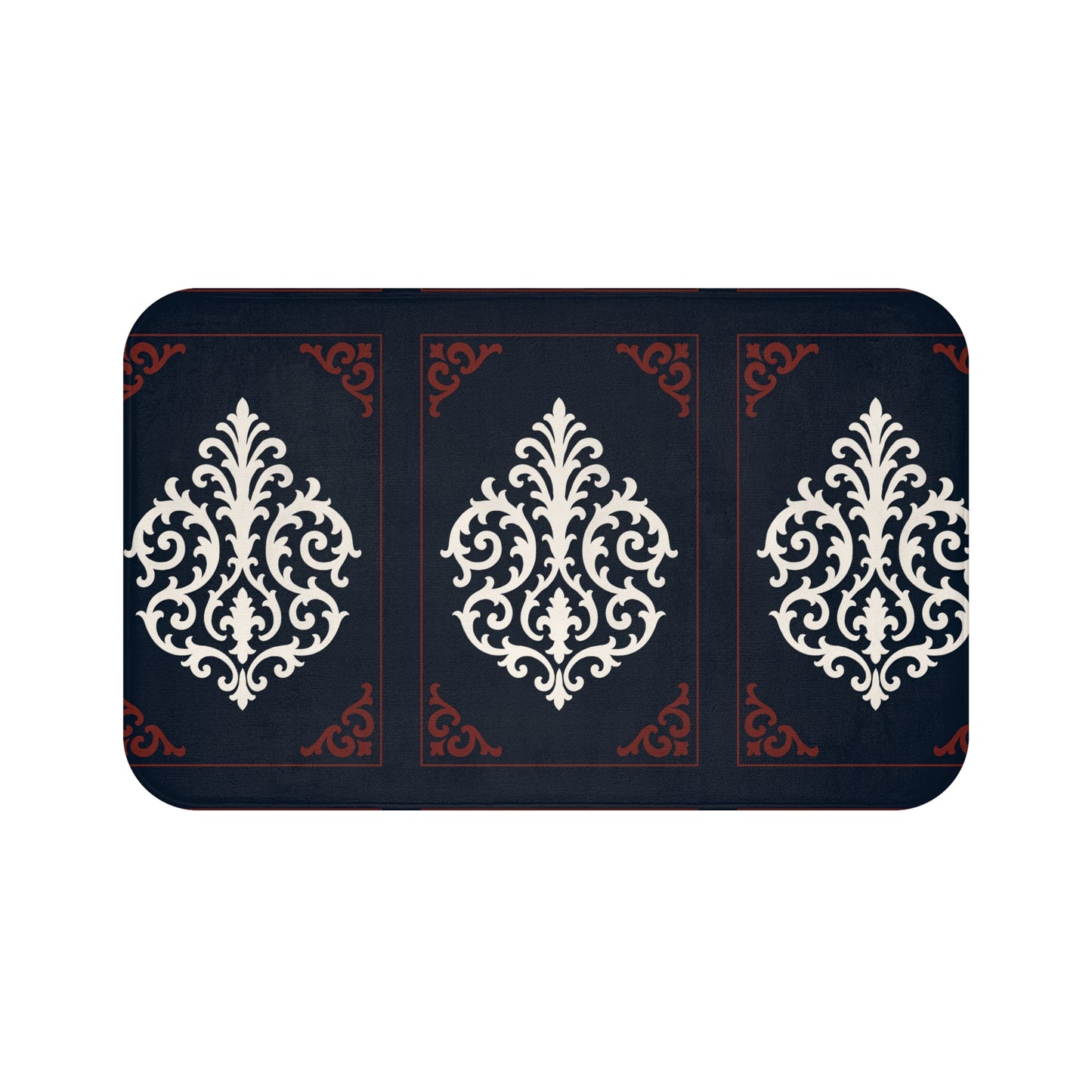Dusk Blue-Maroon & White Baroque Bath Mat — Dusk Blue & White Ornamental Bathroom Rug