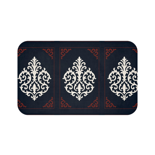 Dusk Blue-Maroon & White Baroque Bath Mat — Dusk Blue & White Ornamental Bathroom Rug