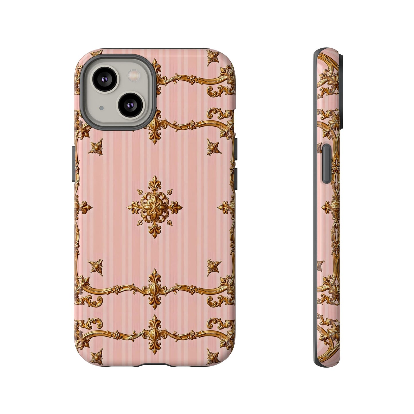 Elegant Floral Phone Case, Tough Cases for Women, Trendy Phone Cover, Chic Gift - Pink Striped Gold Baroque