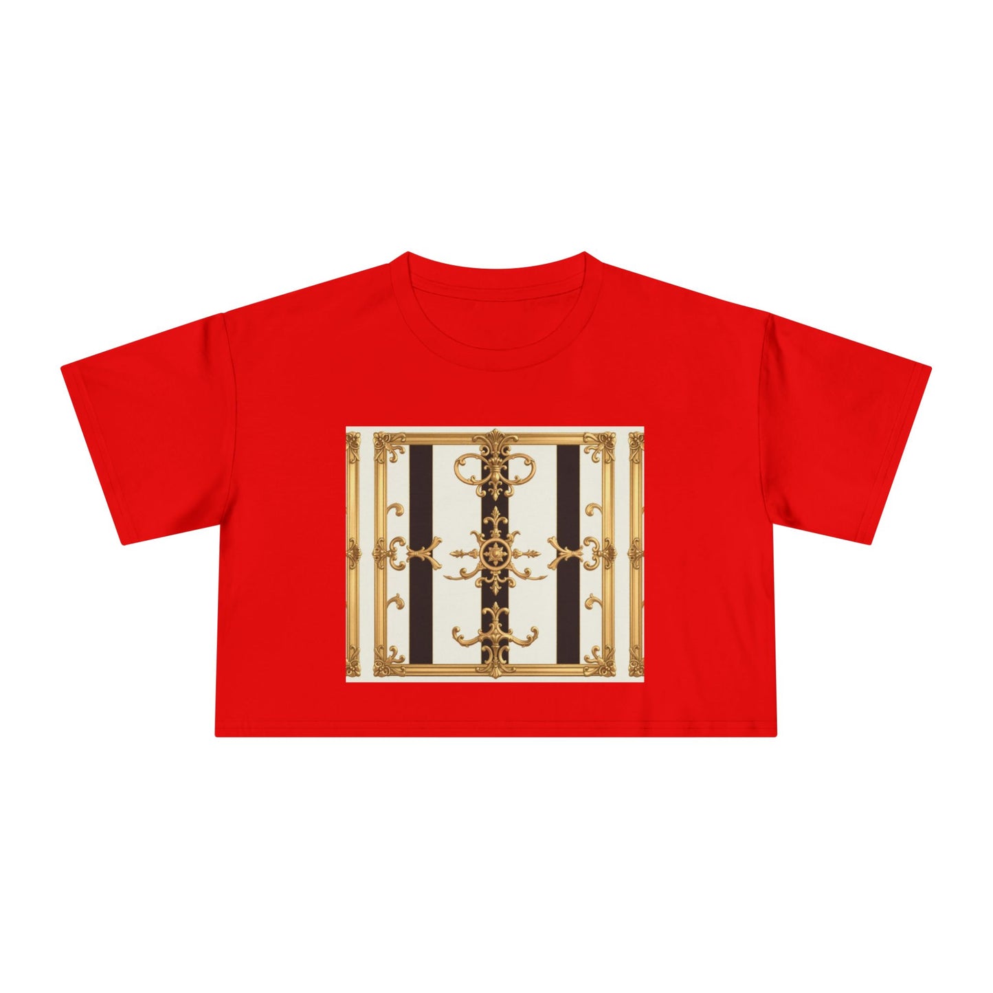 Chic Gold Baroque Women's Crop Tee, Stylish Summer Top, Fashionable Gift for Her, Casual Fashion - Black & White Striped Gold Baroque