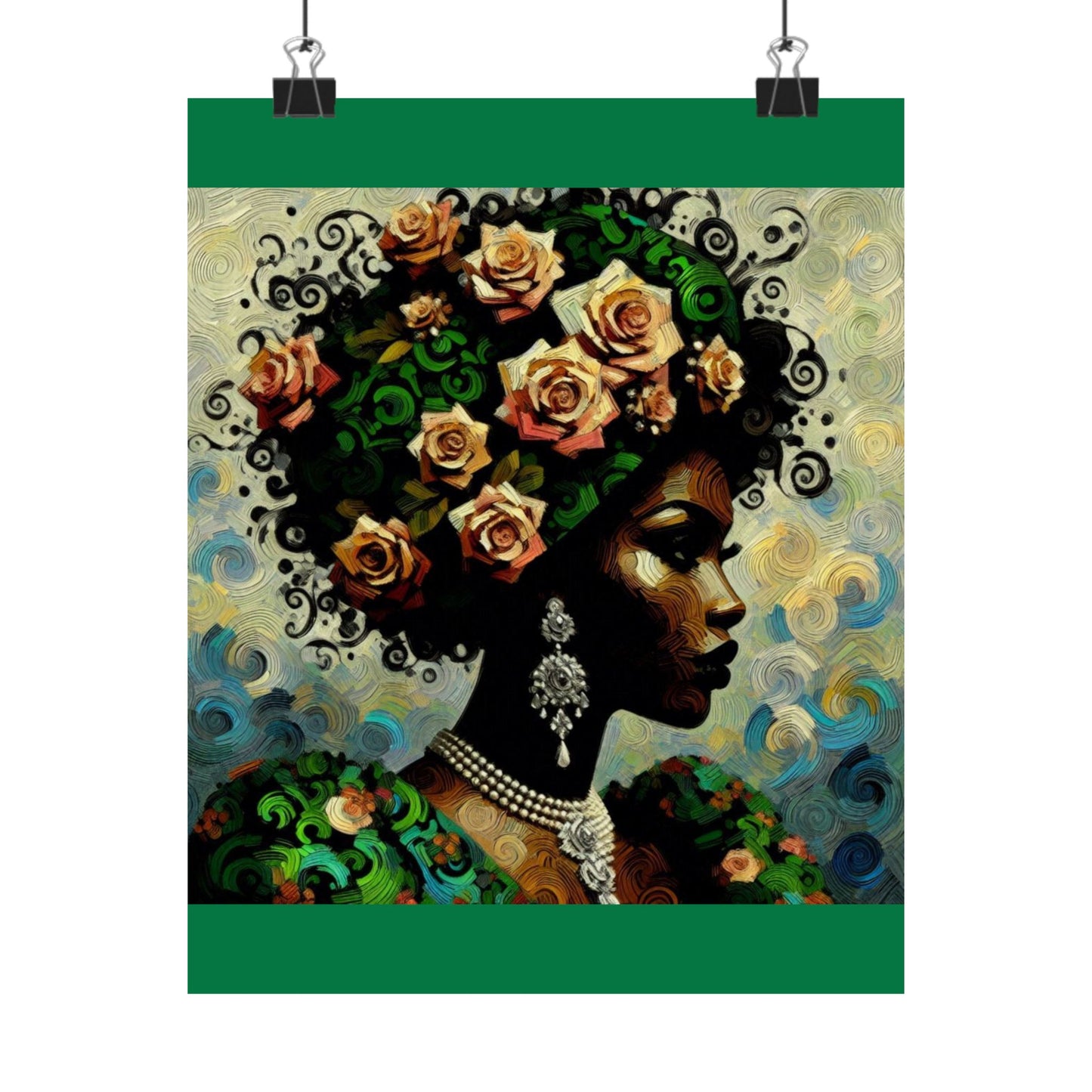 Floral Afro Art Poster - Elegant Matte Vertical Wall Decor - Lady In Green & Damask