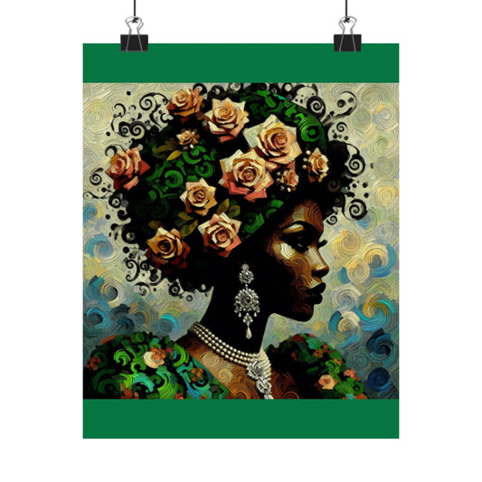 Floral Afro Art Poster - Elegant Matte Vertical Wall Decor - Lady In Green & Damask