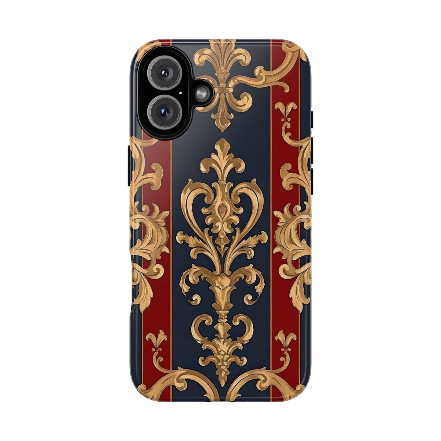 Elegant Floral Motif Phone Case - Tough Cases with Vintage Design - Midnight Blue & Dusk Red Striped Gold Damask