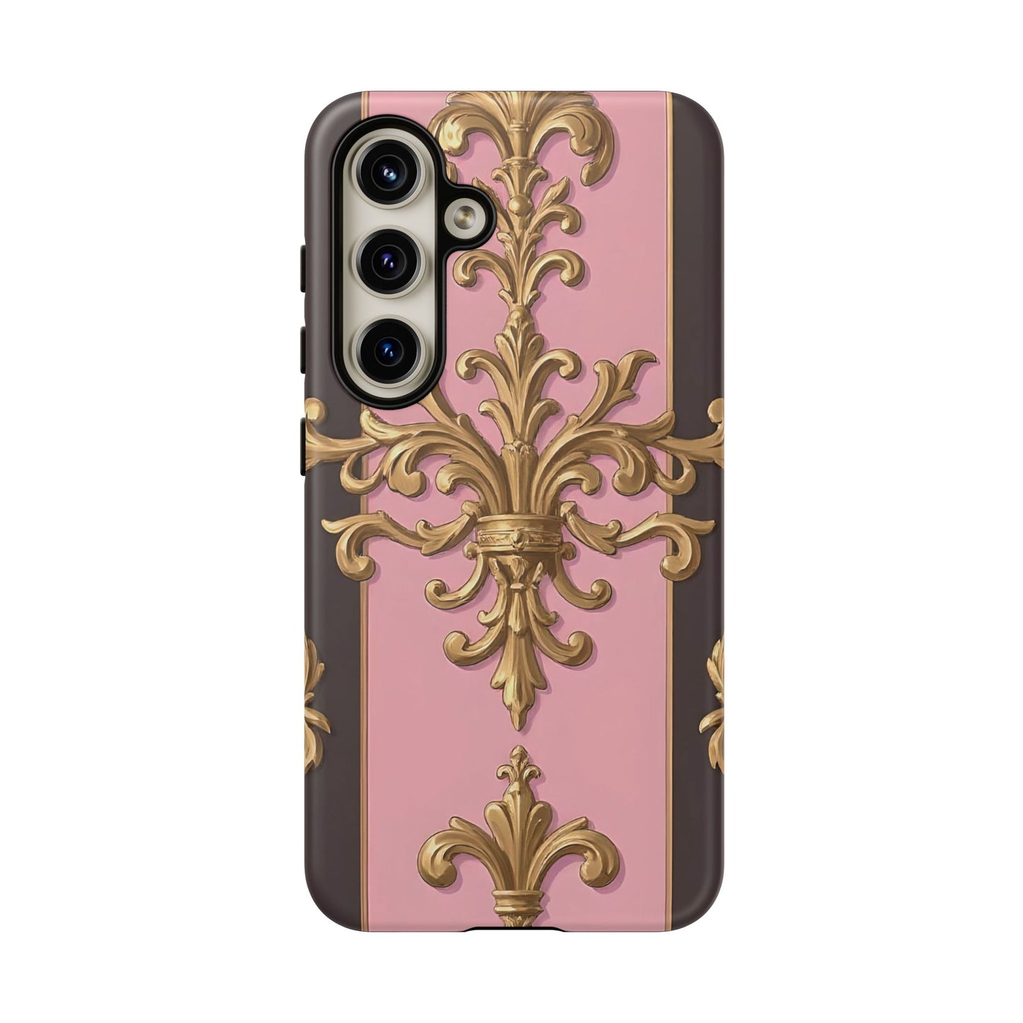 Elegant Floral Motif Phone Case - Tough Cases with Vintage Design - Pink & Brown Striped Gold Damask