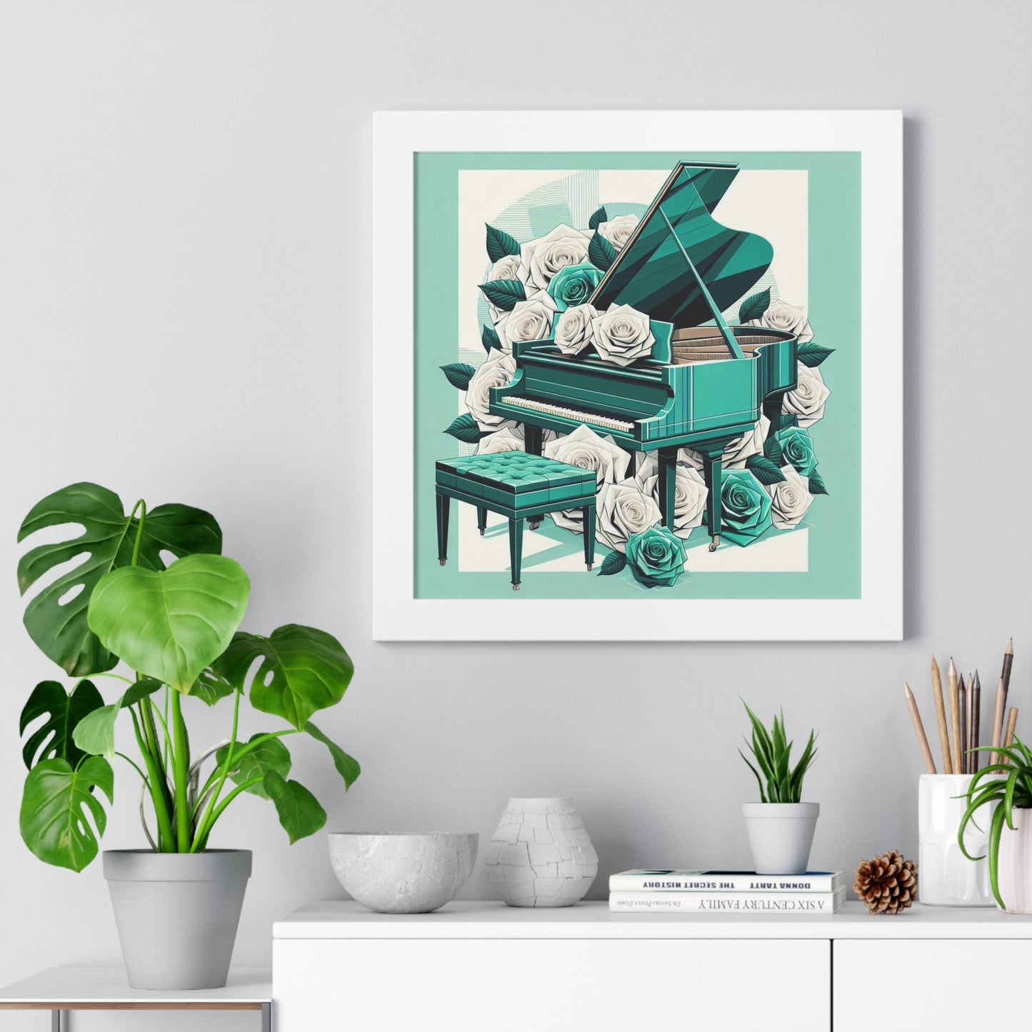Vertical Poster - Aqua Grand Piano & Roses Wall Art