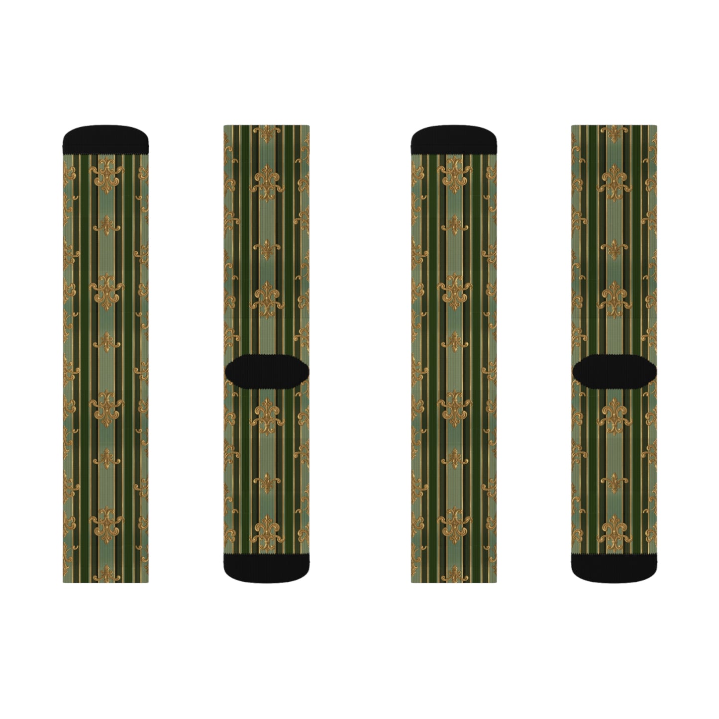Stylish Floral Sublimation Socks | Unique Gift for Fashion Lovers, Comfortable Daily Wear - Green Striped Gold Baroque
