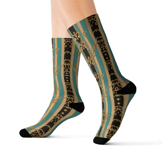 Stylish Black, Tan & Ocean Green Striped Gold Baroque Sublimation Socks, Unique Fashion Footwear, Trendy Gift for Fashion Lovers