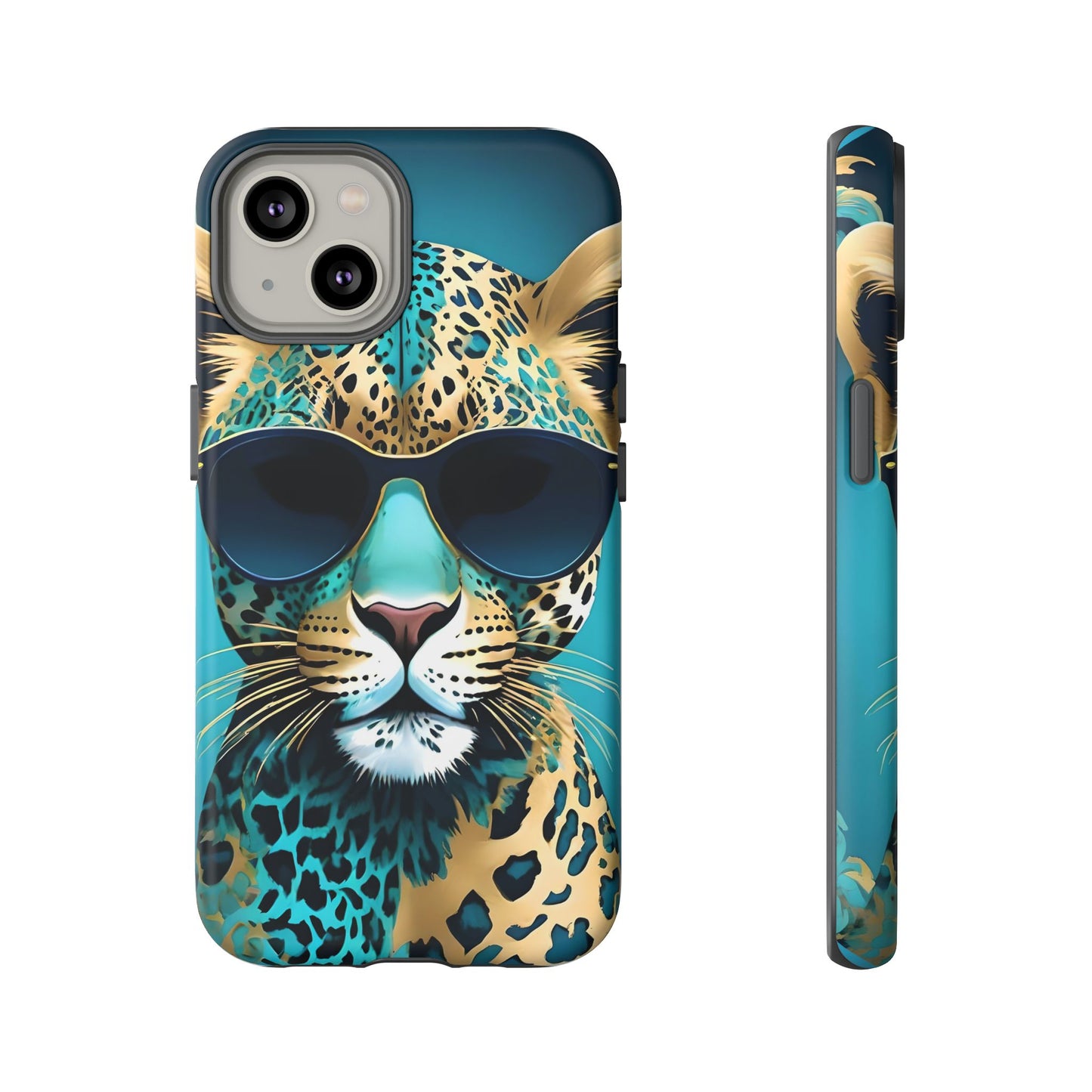 Phone Case - Aqua & Gold Leopard In Sunglasses Design