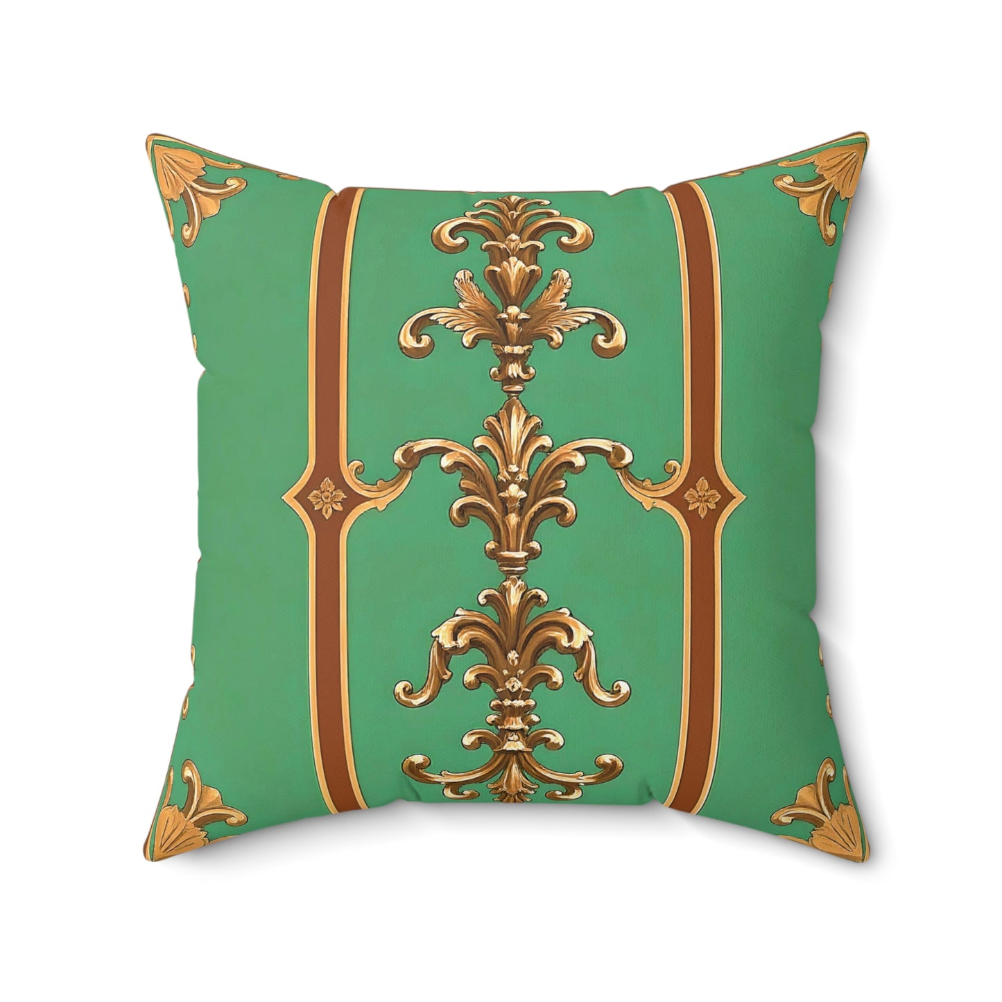 Elegant Faux Suede Square Pillow with Vintage Gold Design - Rust & Green Striped Baroque