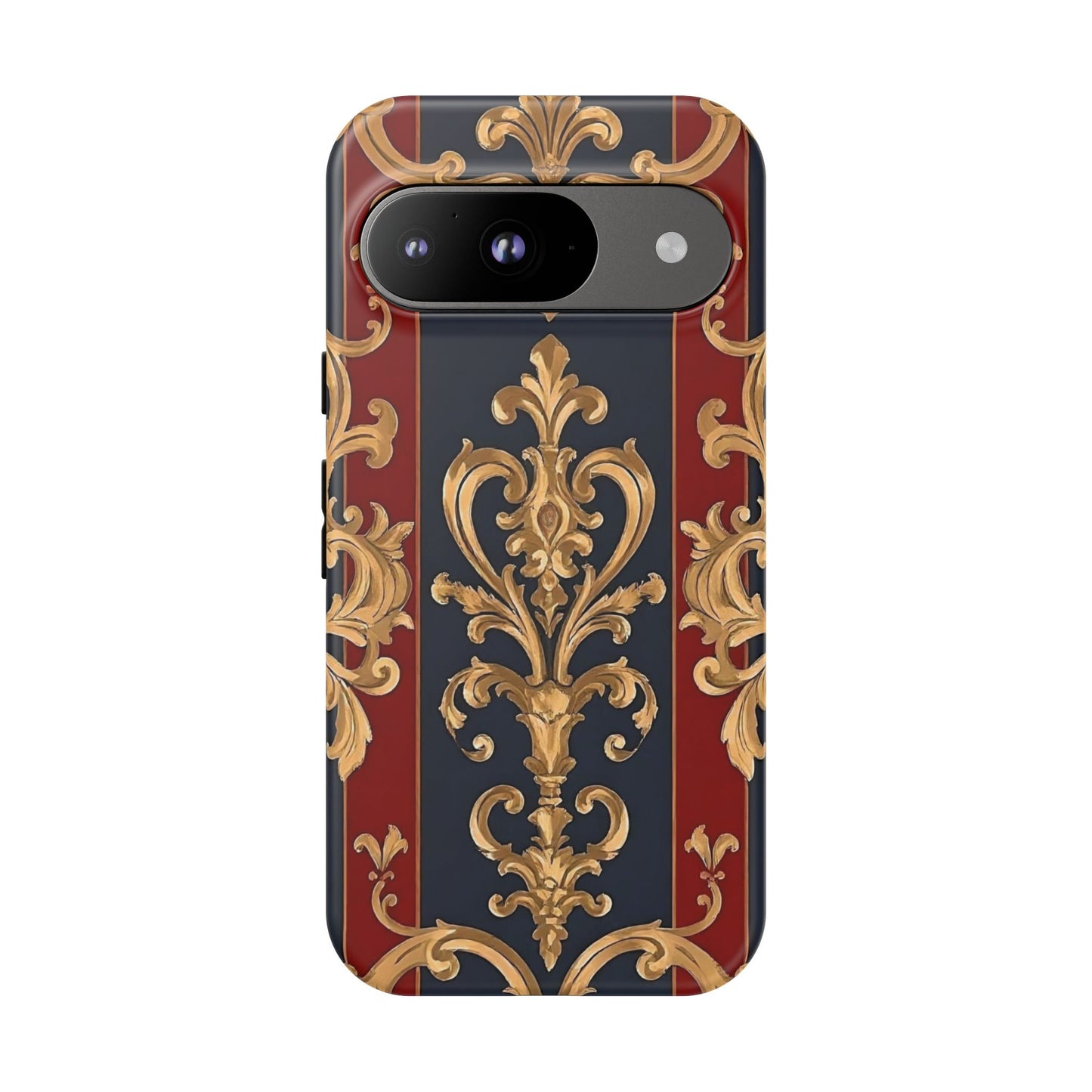 Elegant Floral Motif Phone Case - Tough Cases with Vintage Design - Midnight Blue & Dusk Red Striped Gold Damask