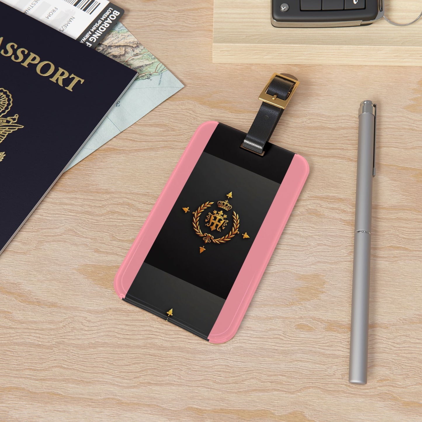 Elegant Travel Luggage Tag, Personalized Baggage Identifier, Stylish Suitcase Accessory, Ideal Gift for Travelers - Pink Striped Gold Crest