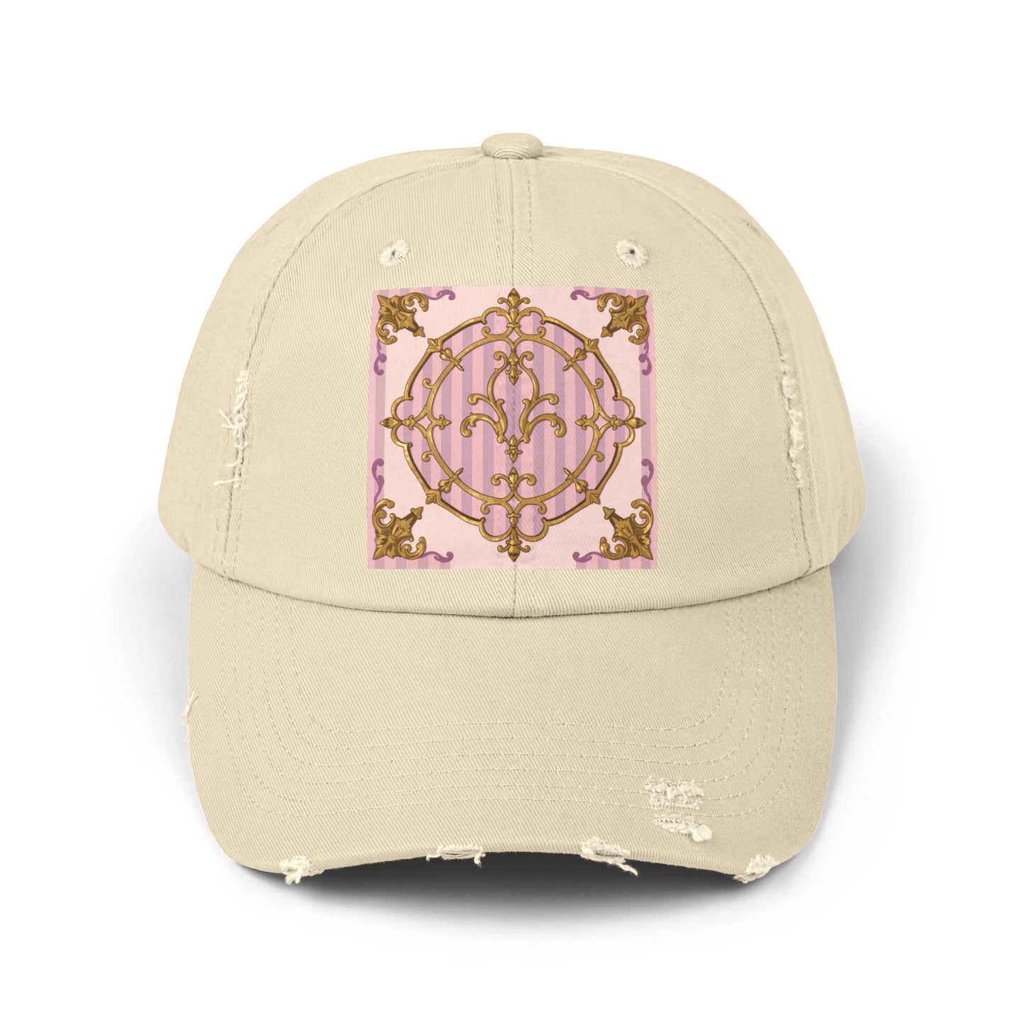 Chic Distressed Cap with Elegant Lavender & Alabaster Striped Gold Baroque Design | Casual Style, Streetwear, Gift for Her, Unique Accessory