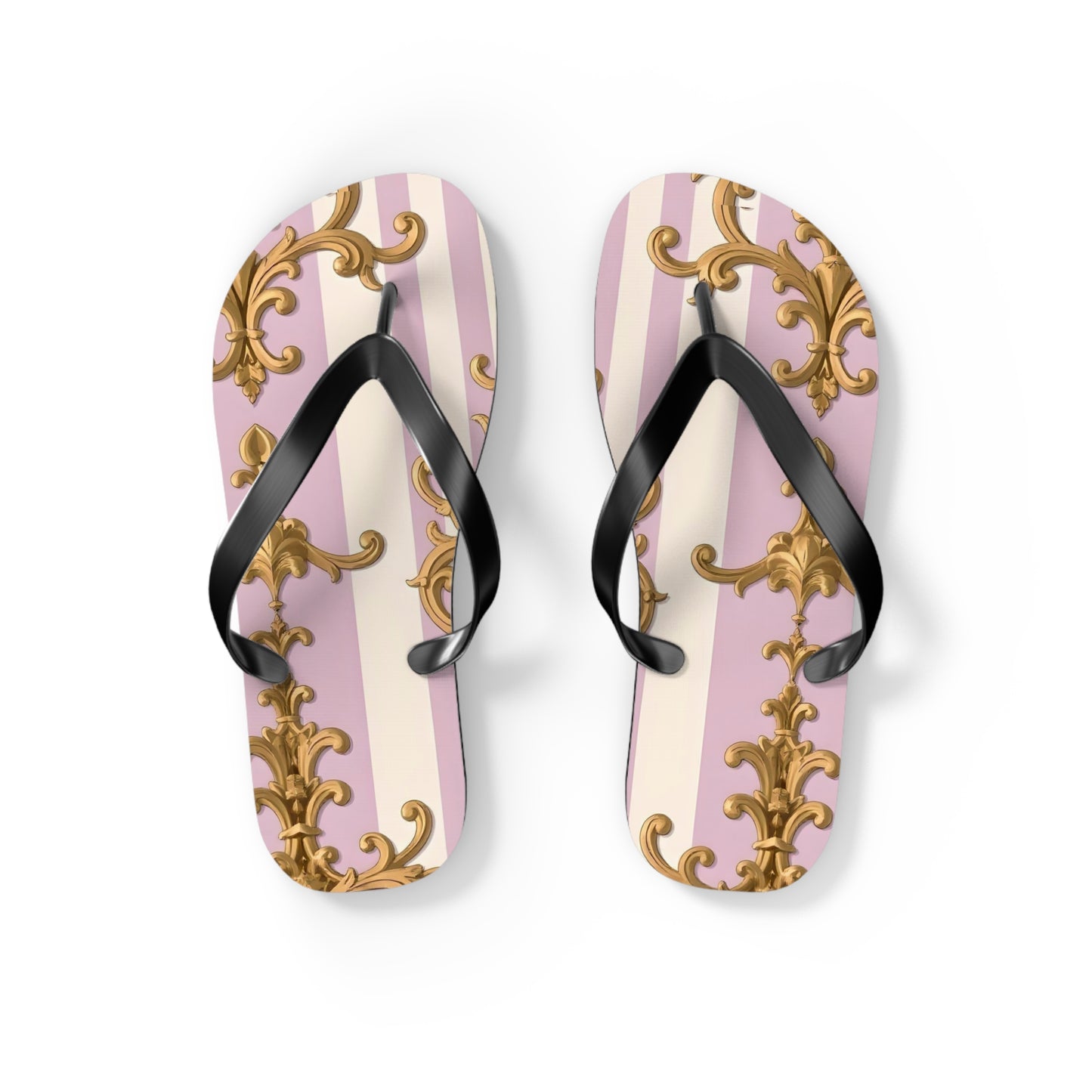 Chic Patterned Flip Flops for Stylish Summer Vibes, Beach Footwear, Vacation Sandals - Lilac & Alabaster Striped Gold Baroque