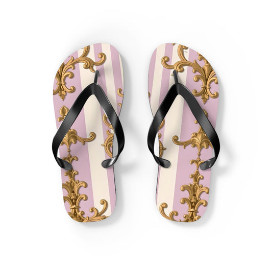 Chic Patterned Flip Flops for Stylish Summer Vibes, Beach Footwear, Vacation Sandals - Lilac & Alabaster Striped Gold Baroque