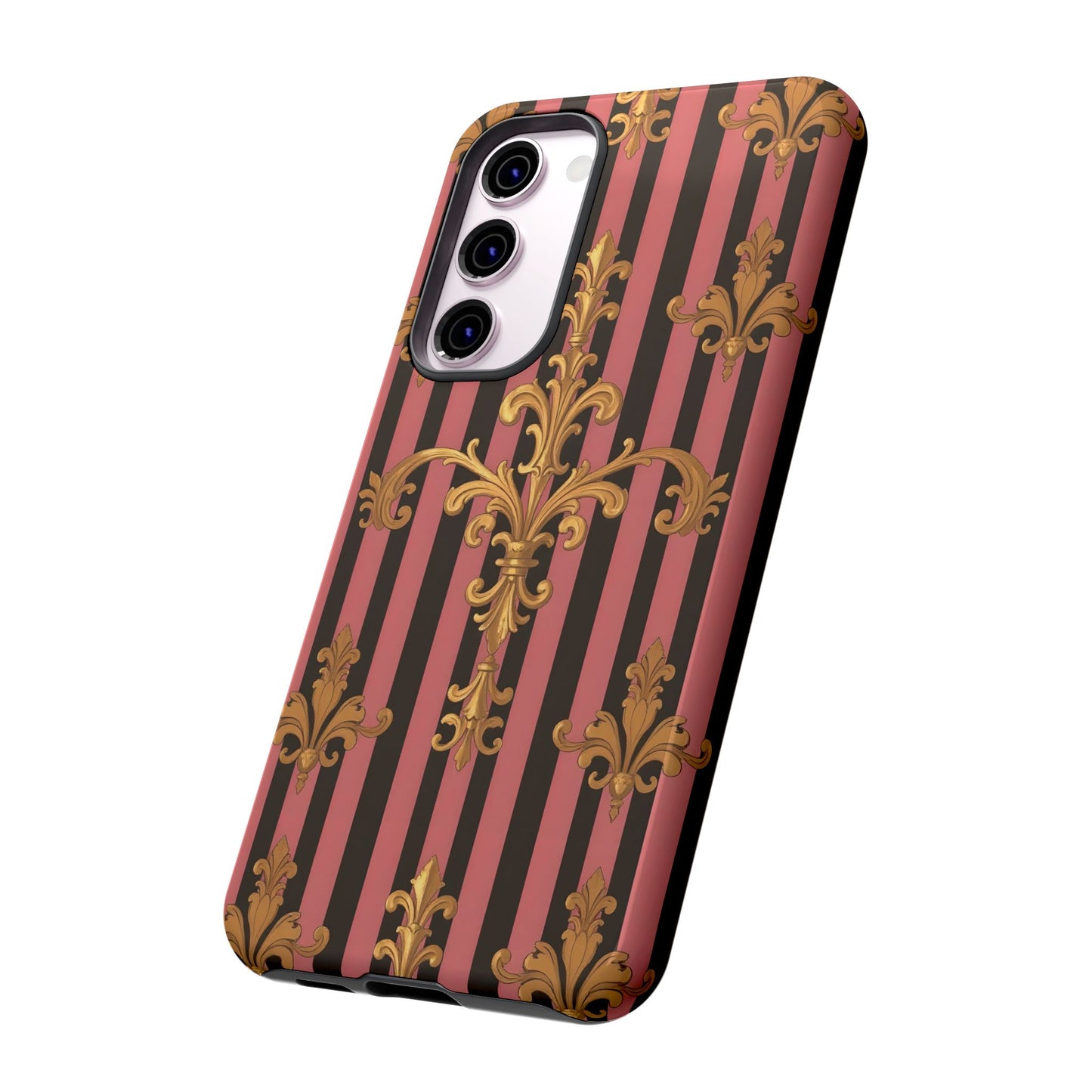 Elegant Floral Motif Phone Case - Tough Cases with Vintage Design - Mauve Striped Gold Damask