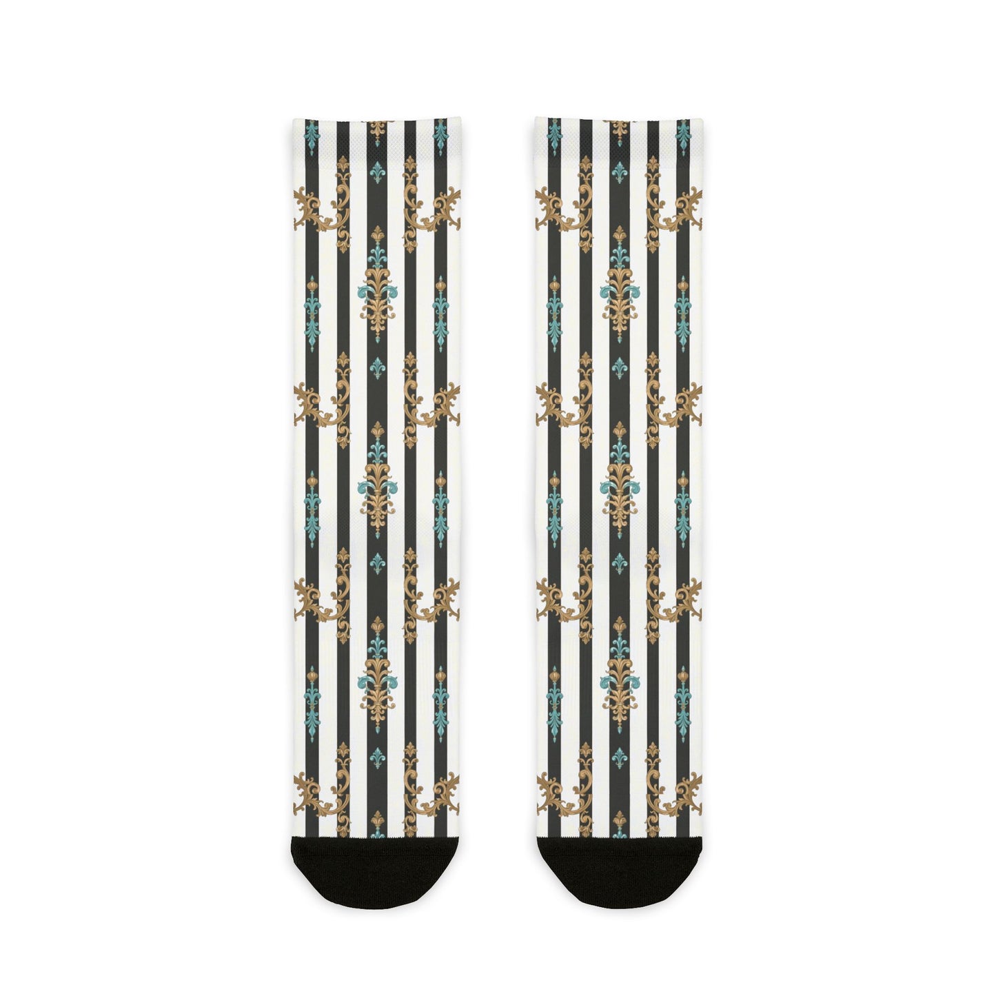 Stylish Sublimation Crew Socks with Unique Striped Design, Fun Fashion Gift, Everyday Wear - Black Striped Turquoise & Black Rococo