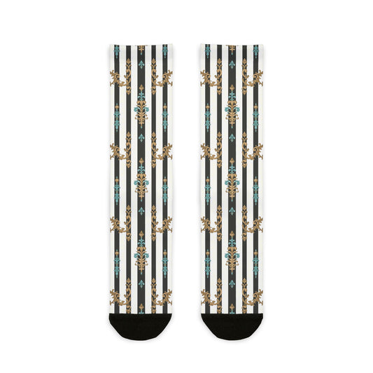 Stylish Sublimation Crew Socks with Unique Striped Design, Fun Fashion Gift, Everyday Wear - Black Striped Turquoise & Black Rococo