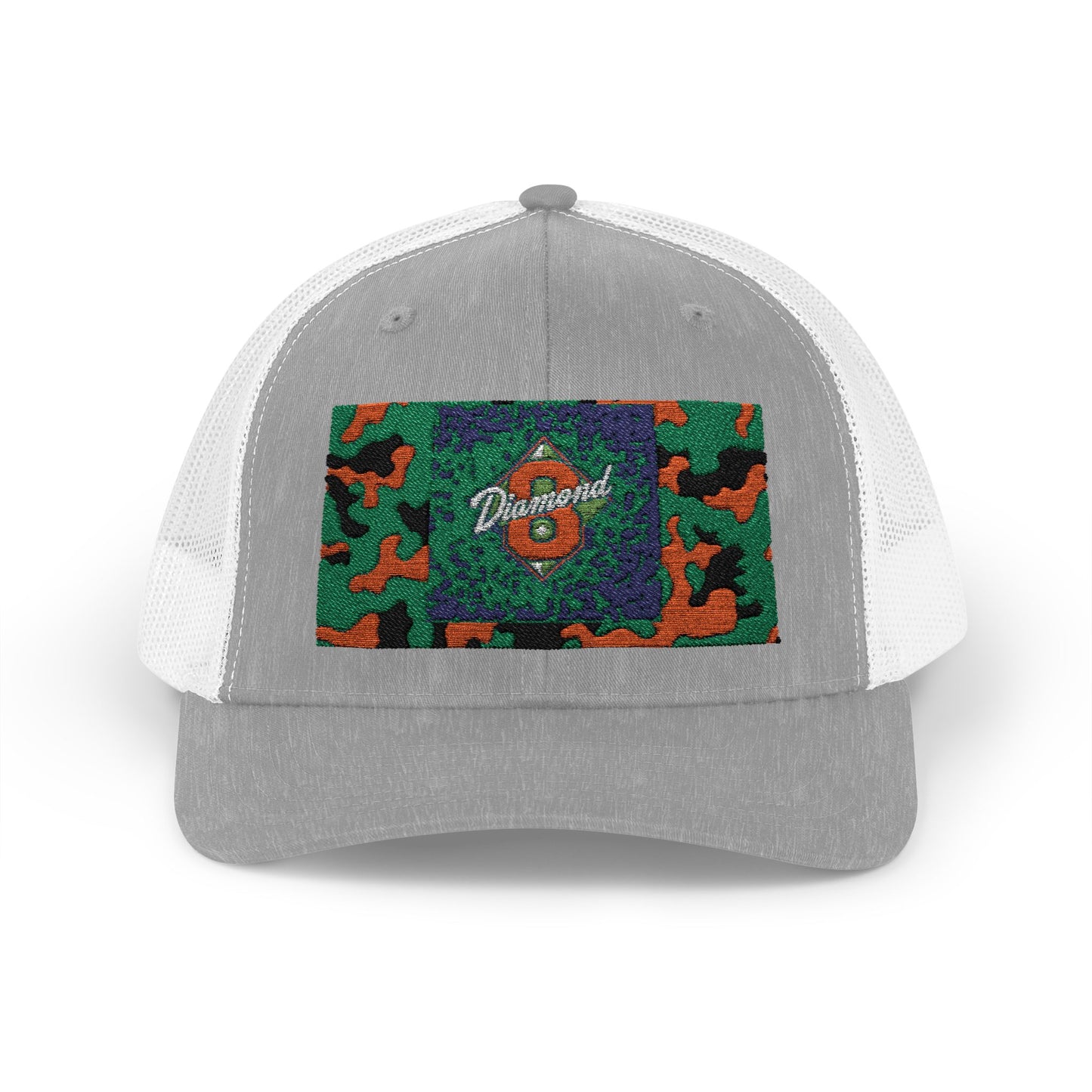 Colorful Camouflage Snapback Trucker Cap, Casual Hat, Outdoor Gear, Unisex Headwear, Gift for Him/Her - Green & Orange Camo Diamond 8