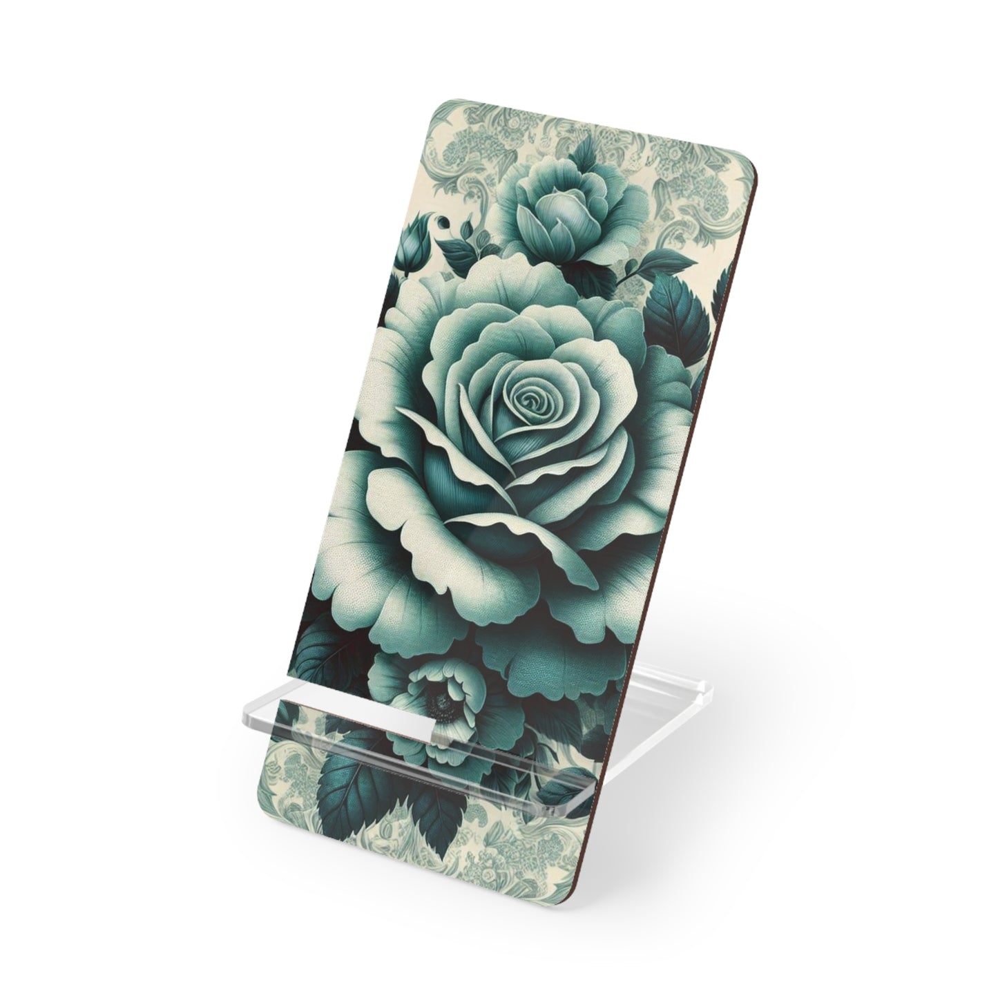 Elegant Floral Motif Smartphone Display Stand - Teal Roses & Damask - Decorative Mobile Holder