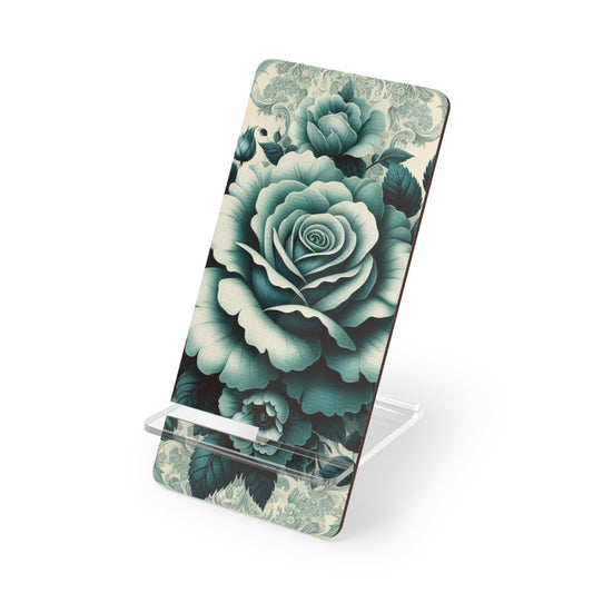 Elegant Floral Motif Smartphone Display Stand - Teal Roses & Damask - Decorative Mobile Holder