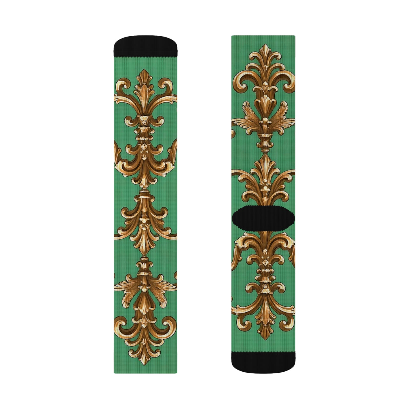 Elegant Gold Floral Pattern Sublimation Socks | Stylish, Comfortable & Perfect for any Occasion - Rust & Green Striped Baroque