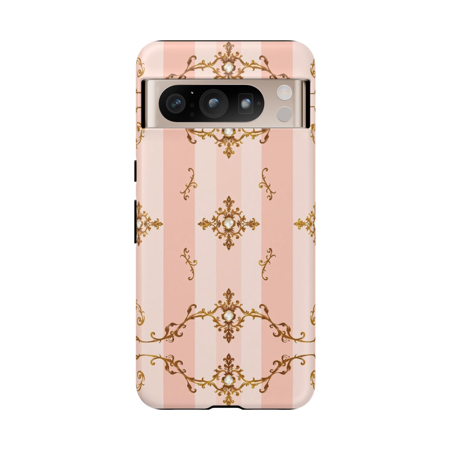 Elegant Floral Phone Case, Tough Cases for Women, Trendy Phone Cover, Chic Gift - Pink Jeweled Striped Gold Baroque