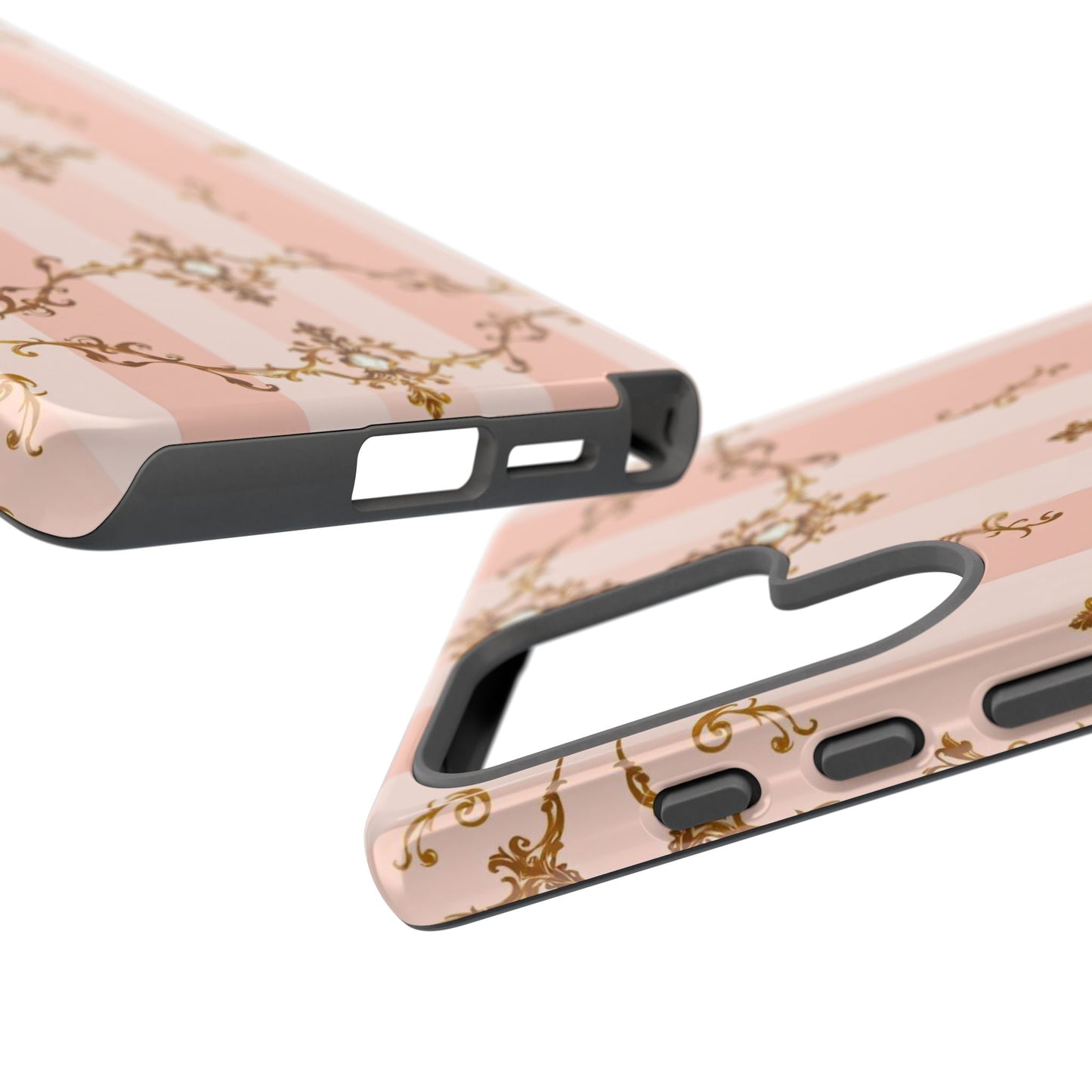 Elegant Floral Phone Case, Tough Cases for Women, Trendy Phone Cover, Chic Gift - Pink Jeweled Striped Gold Baroque