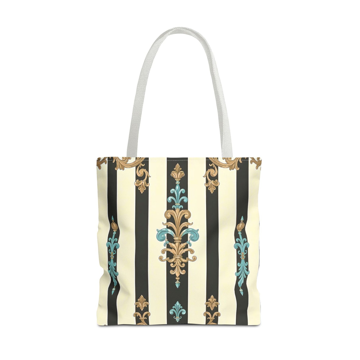 Elegant Stripe Pattern Tote Bag | Fashionable Reusable Shopping Tote, Eco-Friendly Gift Bag - Black Striped Turquoise & Black Rococo