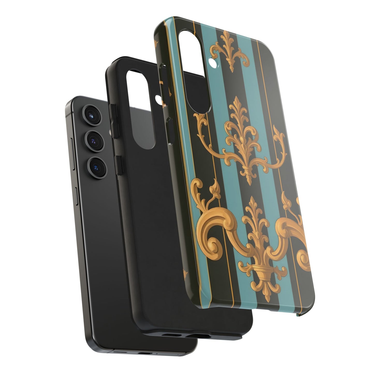 Elegant Baroque Tough Phone Case, Stylish Phone Cover, Durable iPhone Case, Unique Gift - Black & Turquoise Striped Baroque