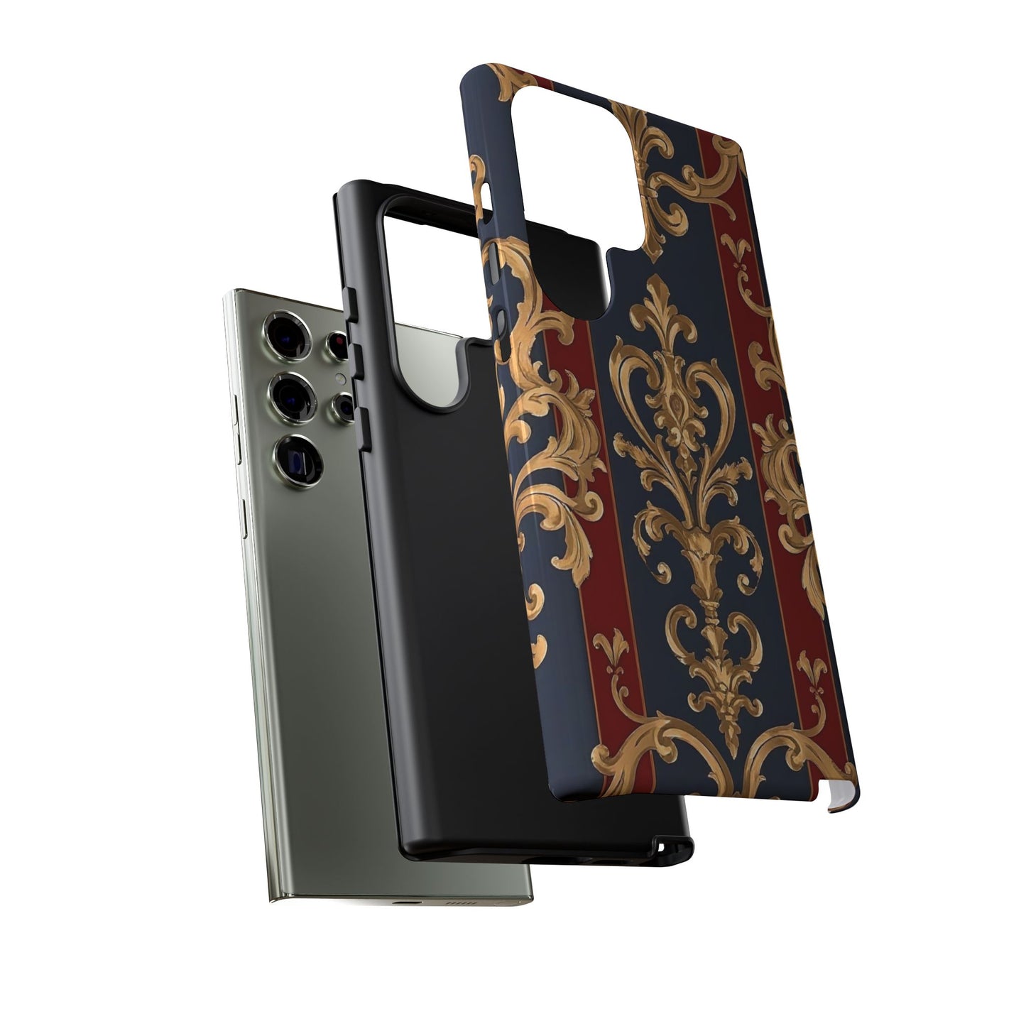 Elegant Floral Motif Phone Case - Tough Cases with Vintage Design - Midnight Blue & Dusk Red Striped Gold Damask