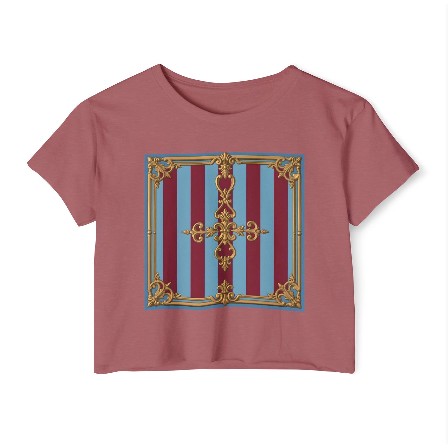 Women's Baroque Festival Crop Top, Summer Crop Tee, Casual Festival Wear, Concert Top, Eco-Friendly Fashion - Sky Blue & Maroon Striped Baroque