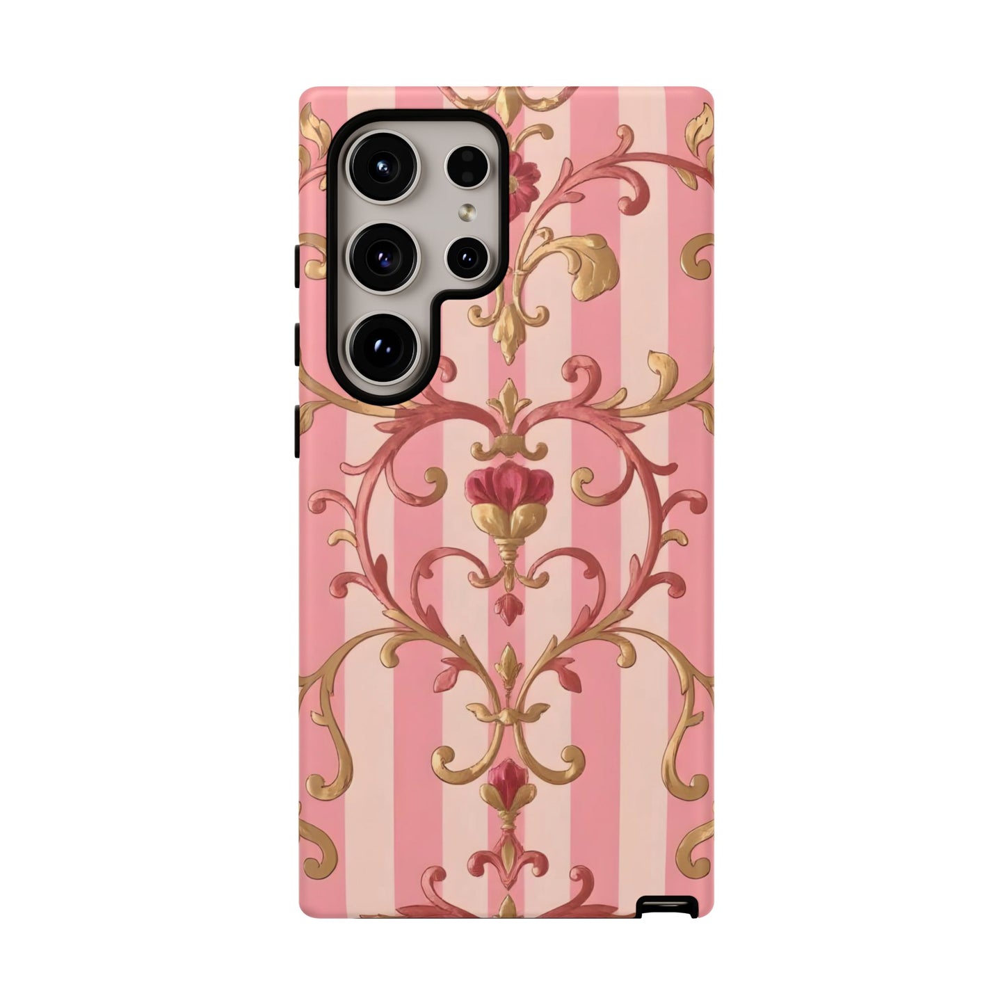 Elegant Floral Motif Phone Case - Tough Cases with Vintage Design - Pink Striped Rose Gold Damask