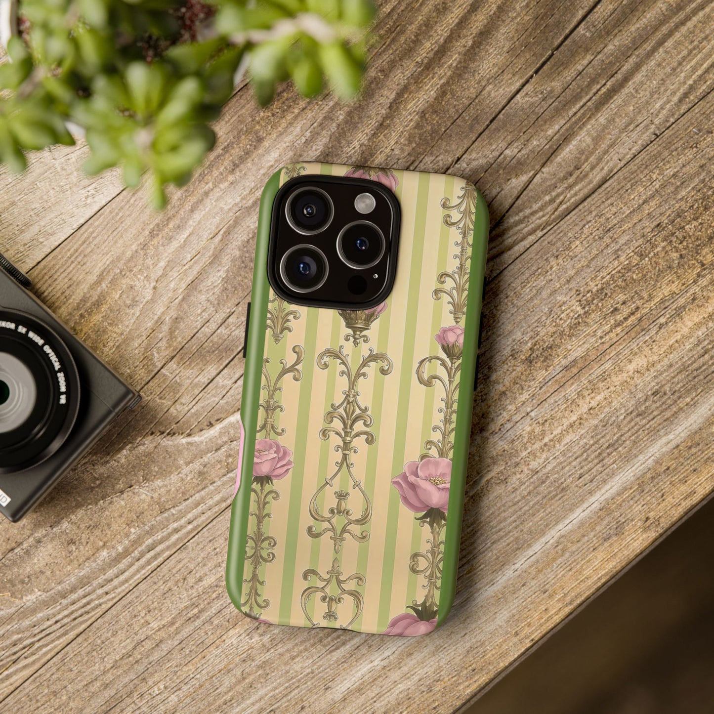 Elegant Floral Motif Phone Case - Tough Cases with Vintage Design - Lime Green & Pink Striped Damask