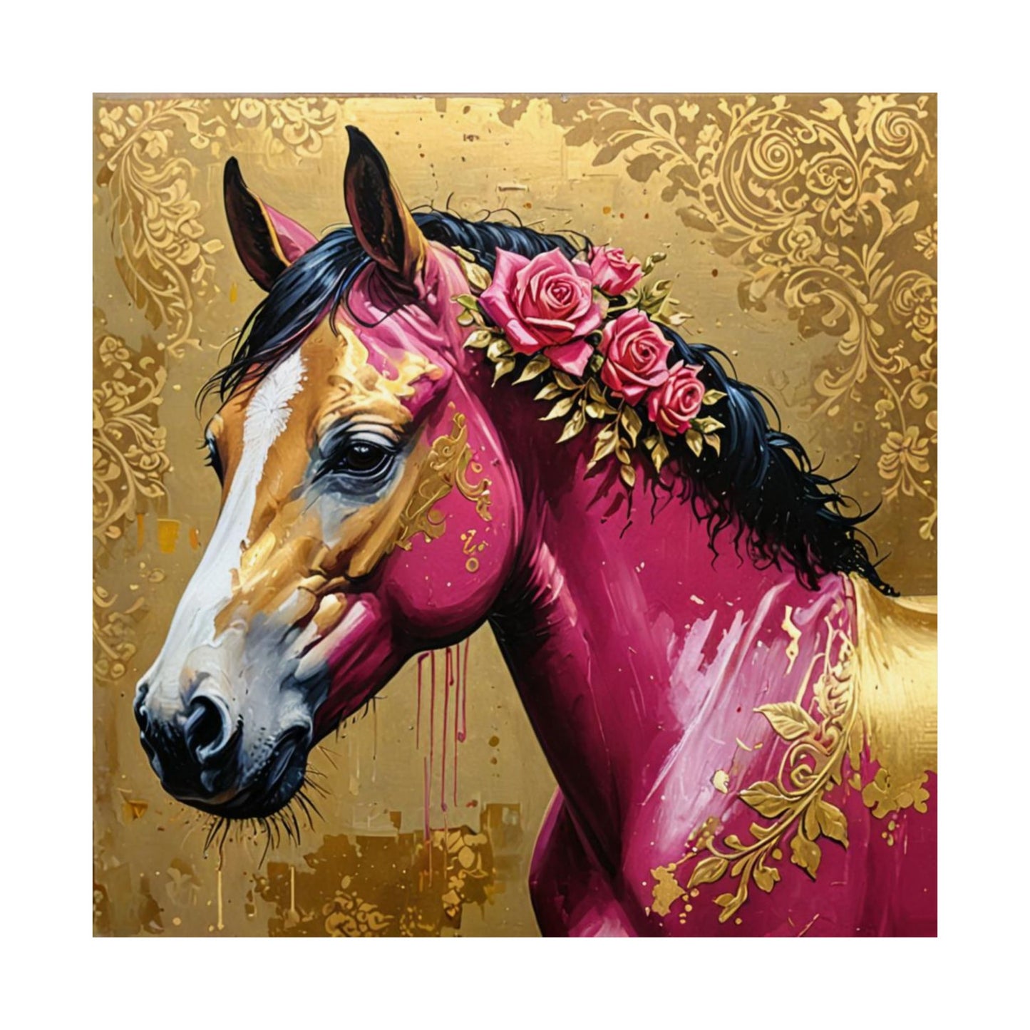 Floral Motif Art Poster - Elegant Matte Vertical Wall Decor - Magenta Horse In Gold Damask With Roses