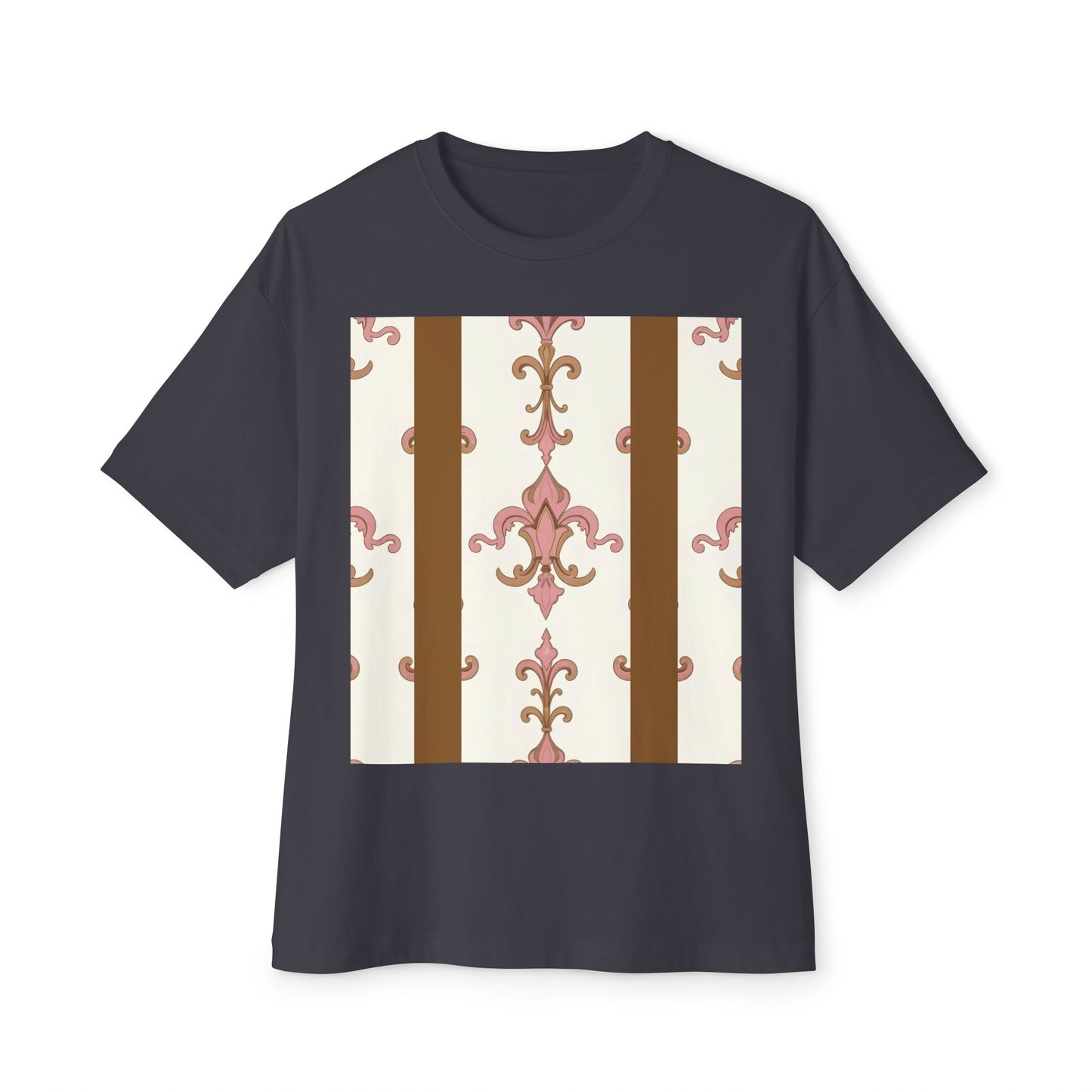 Chic Floral Boxy Tee, Oversized Unisex Tee, Casual Style Shirt, Summer Fashion Top, Gift for Trendsetters - Brown Striped Pink Arabesque