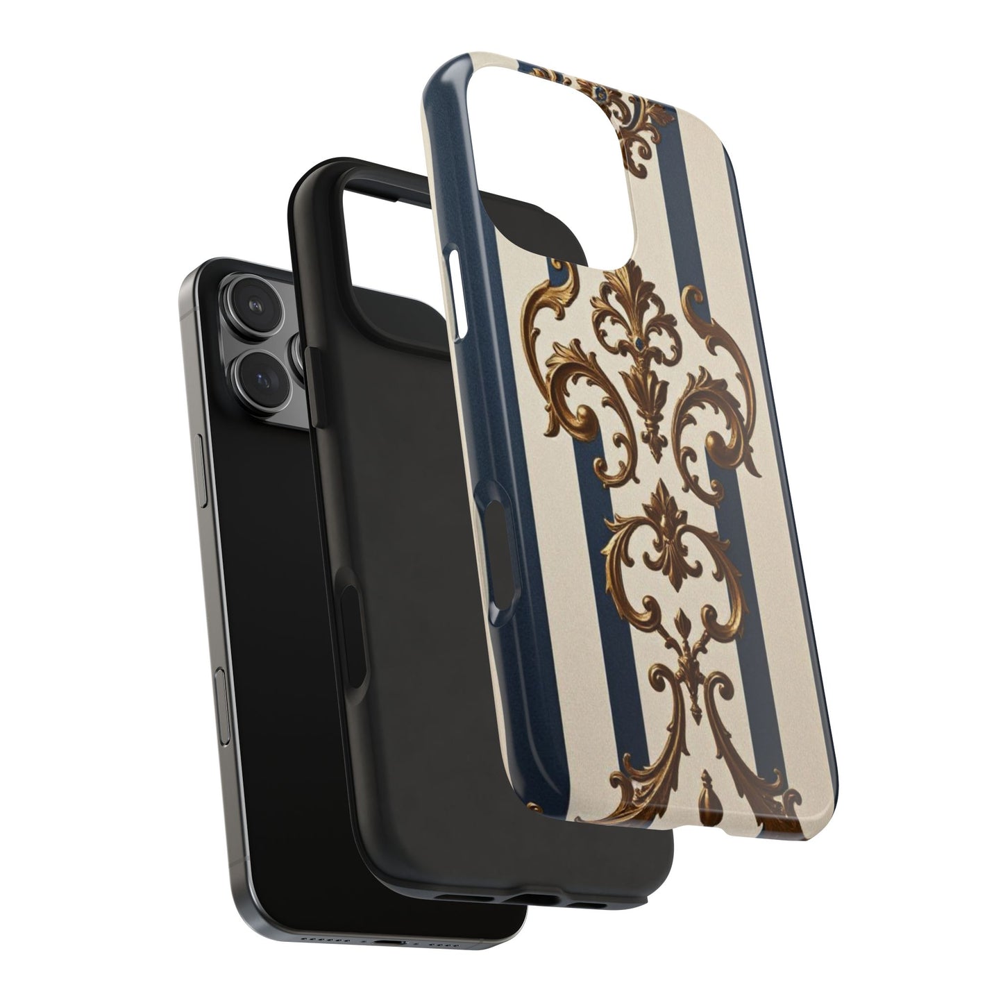 Damask Tough Phone Case - Alabaster & Blue Striped Damask