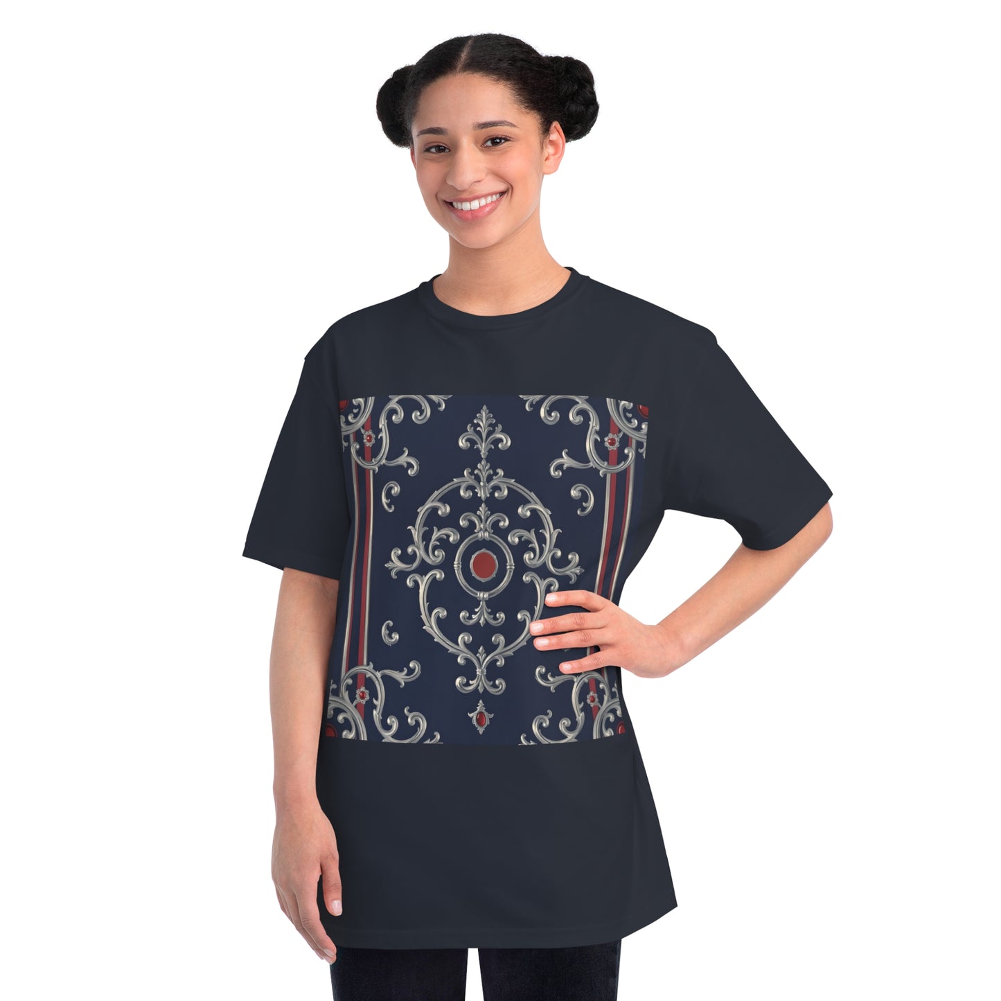 Vintage Pattern Organic Unisex T-Shirt | Baroque Style Tee, Casual Wear, Unique Gift, Eco-Friendly Fashion - Blue & Red Striped Silver Baroque