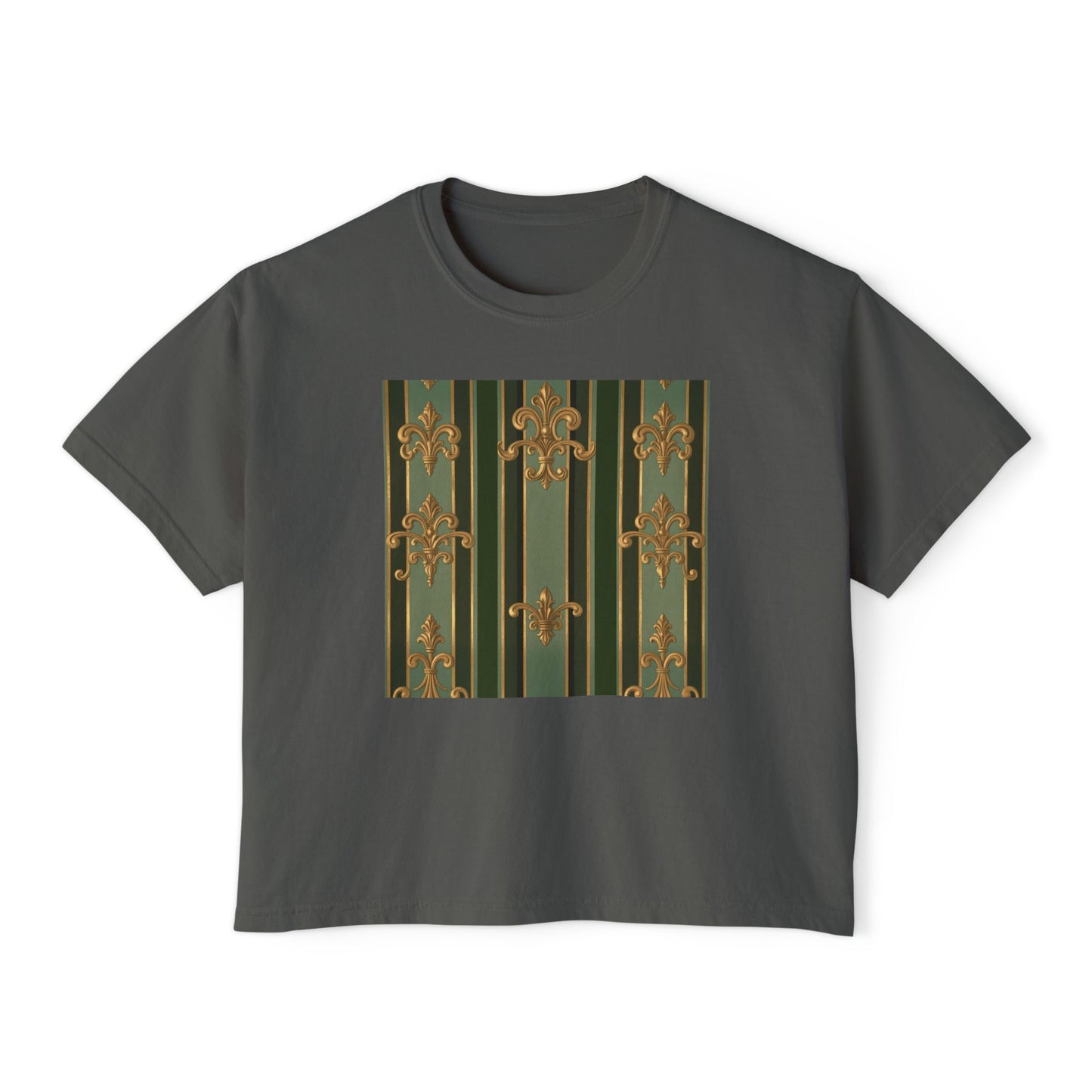 Vintage-Inspired Women's Boxy Tee | Relaxed Fit Shirt for Casual Outings, Everyday Wear, Birthday Gift - Green Striped Gold Baroque