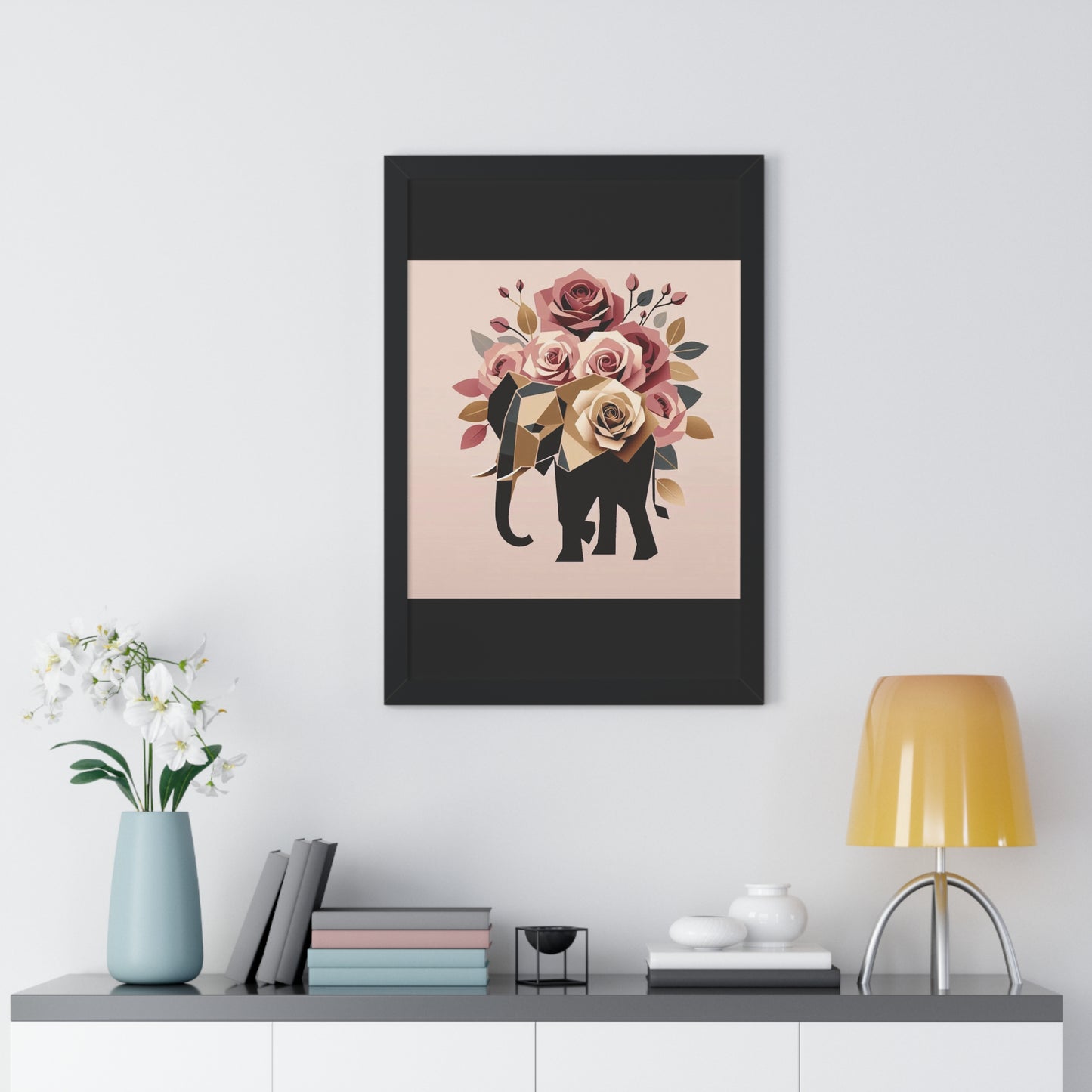 Vertical Poster - Black & Gold Elephant & Roses Wall Art