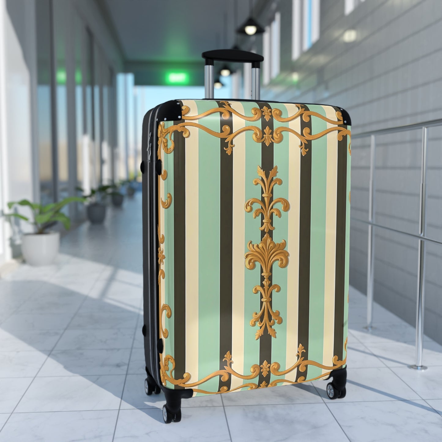 Elegant Striped Suitcase, Stylish Travel Luggage, Unique Carry-On, Trendy Vacation Bag - Black & Matte Mint Striped Rococo