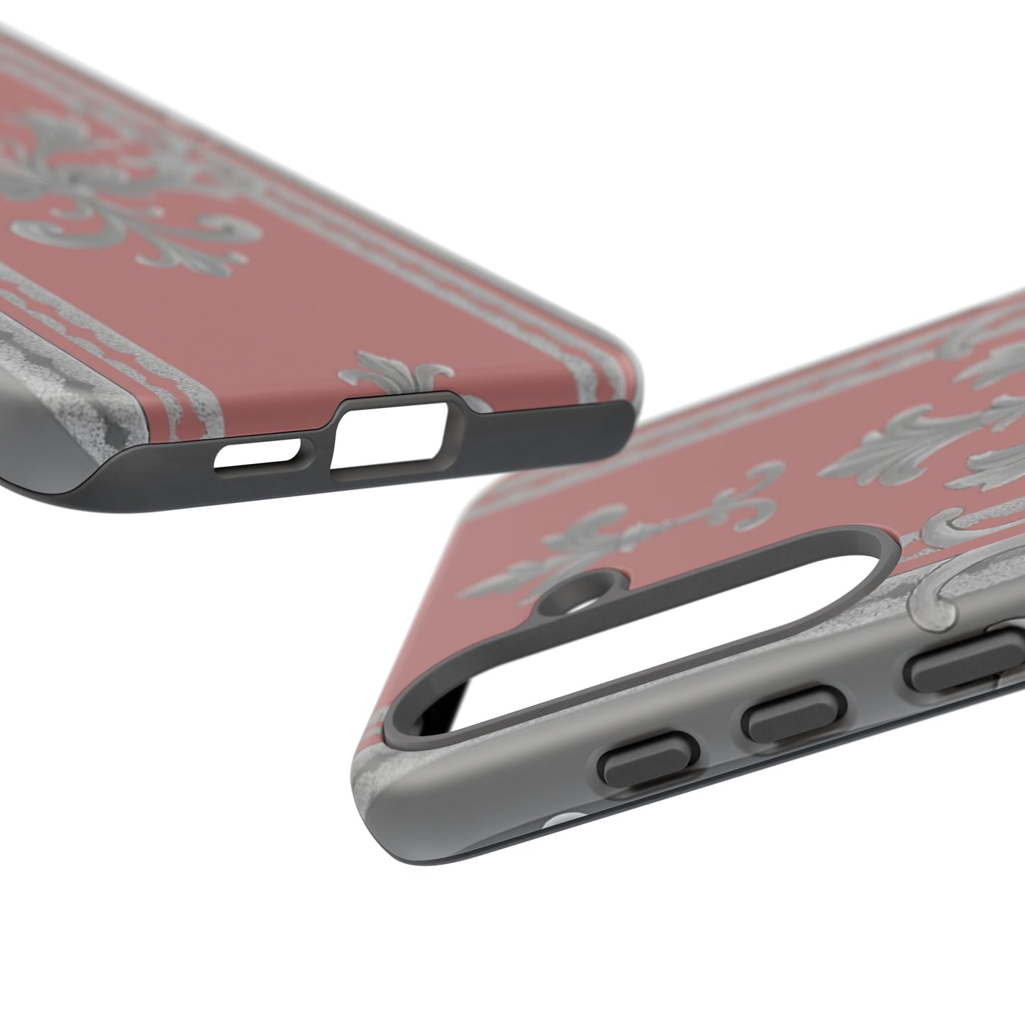 Elegant Floral Phone Case - Tough Cases for Stylish Protection - Gray & Mauve Striped Baroque