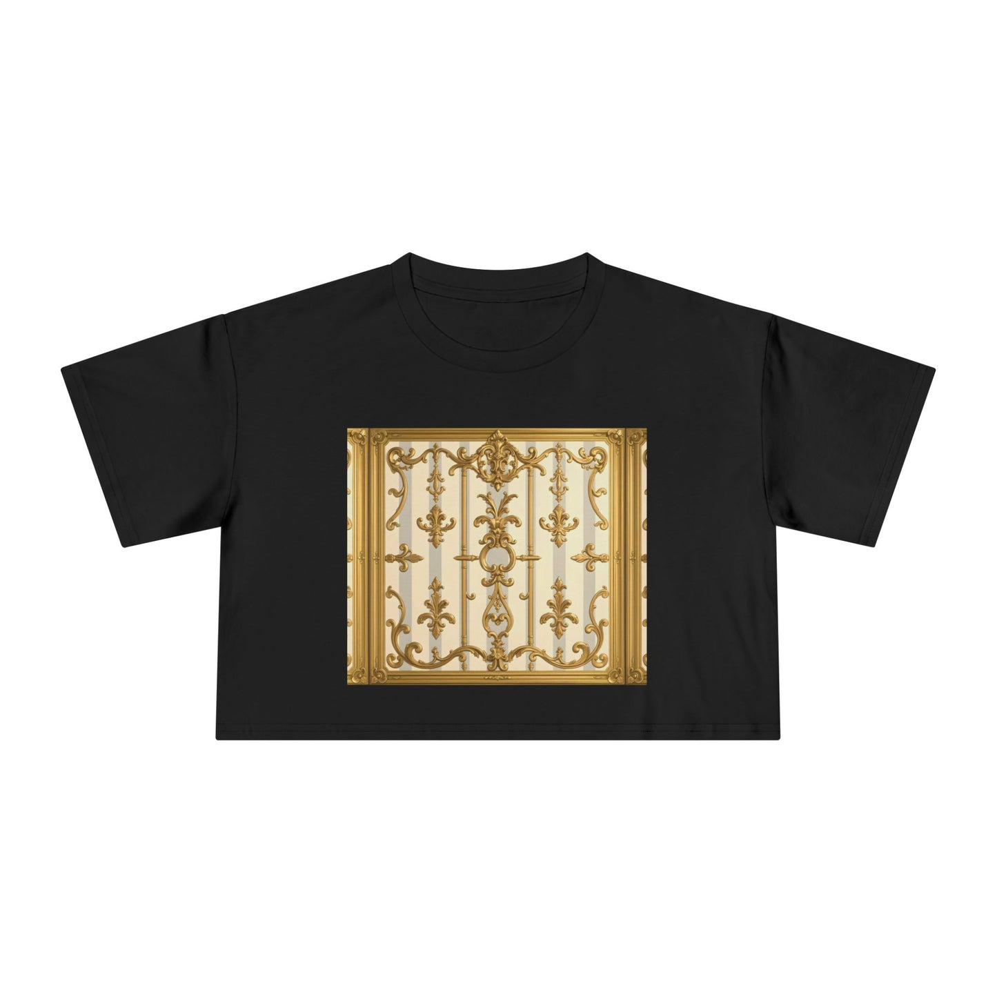 Elegant Vintage Women's Crop Tee, Stylish Oversized Top, Casual Summer Shirt, Trendy Women's Apparel - Matte Gray & Cream Striped Gold Baroque