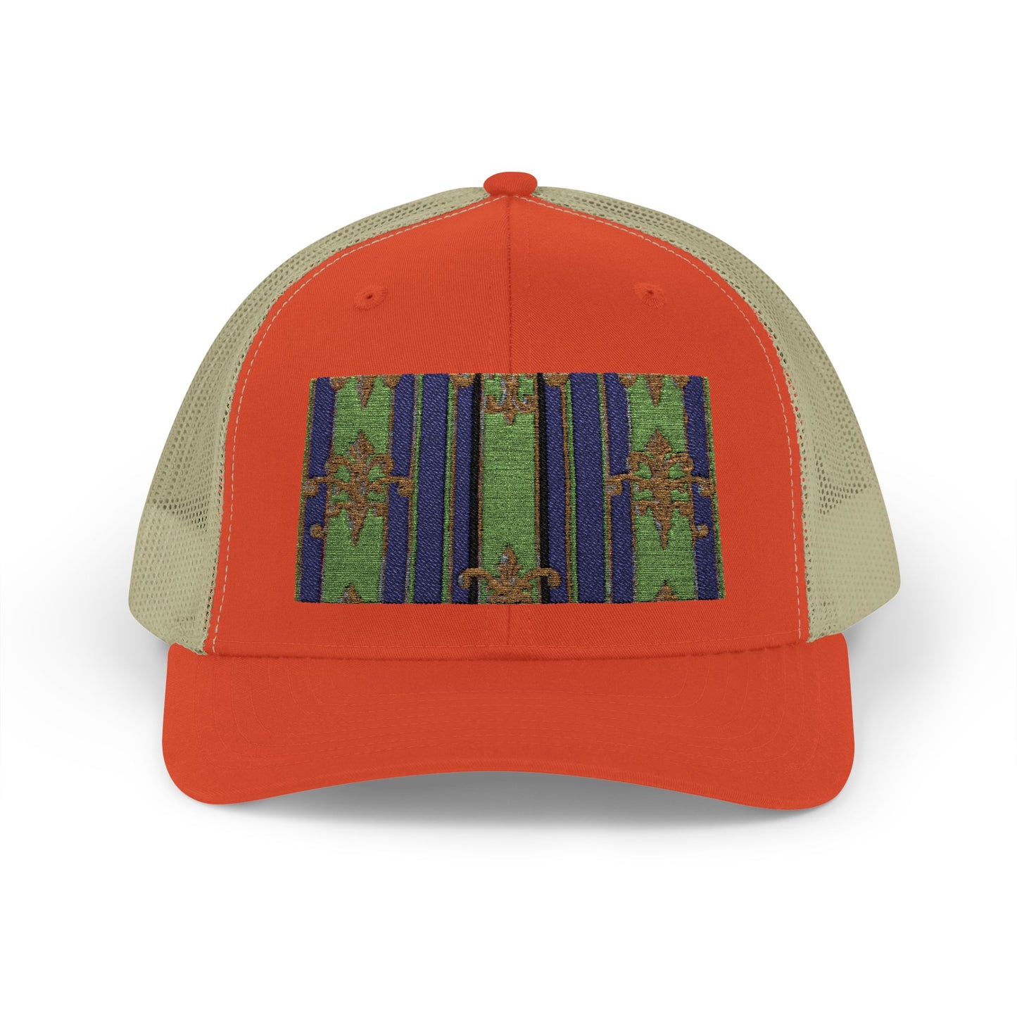 Vibrant Snapback Trucker Cap with Colorful Pattern, Baroque Hat for Festivals, Unisex Cap, Summer Accessory - Green Striped Gold Baroque