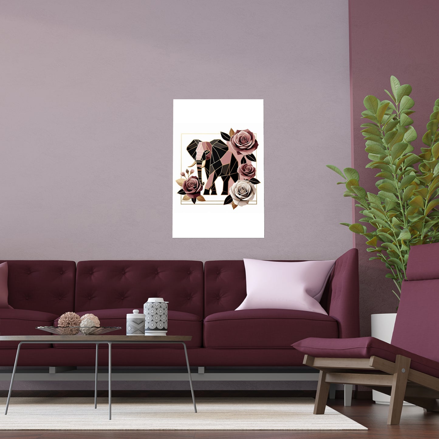 Elegant Floral Silk Poster - Indoor/Outdoor Wall Art for Home Decor - Brown & Mauve Elephant & Roses