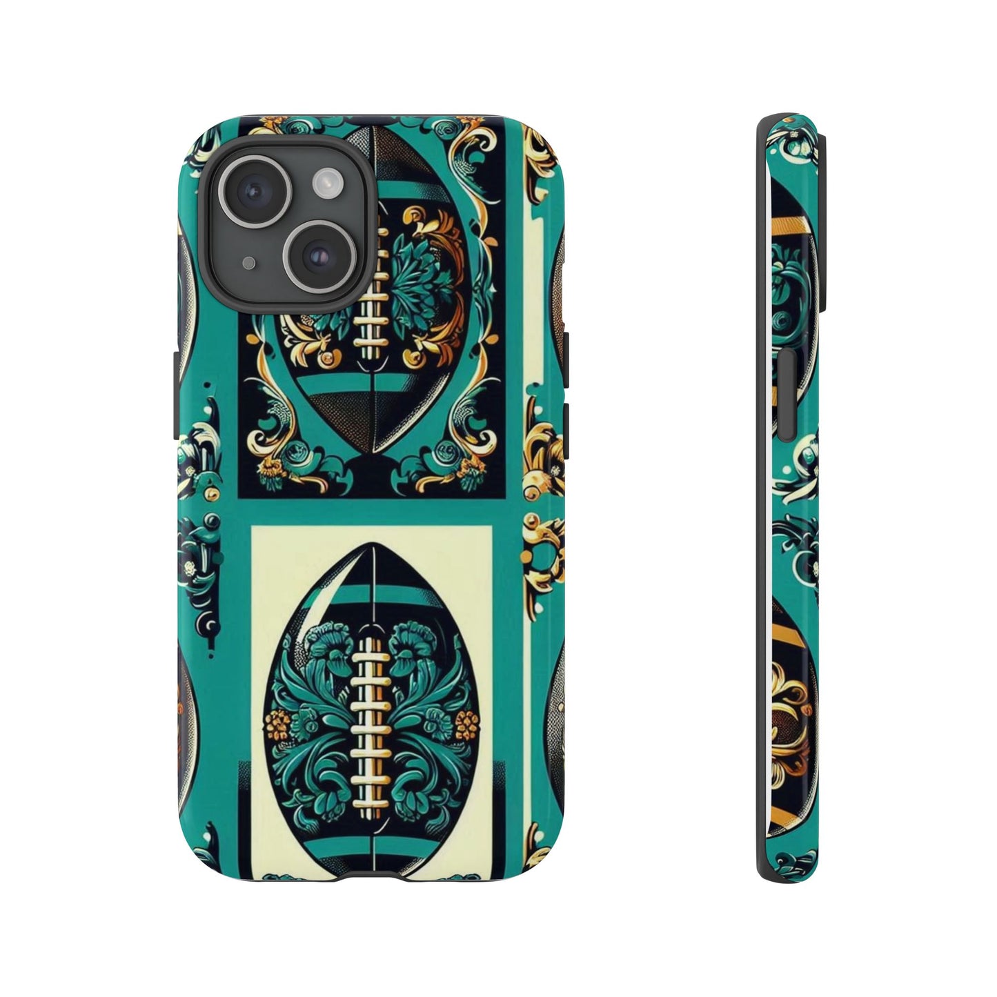 Elegant Floral Motif Phone Case - Tough Cases with Vintage Design -  Damask Teal, Gold & Black Footballs