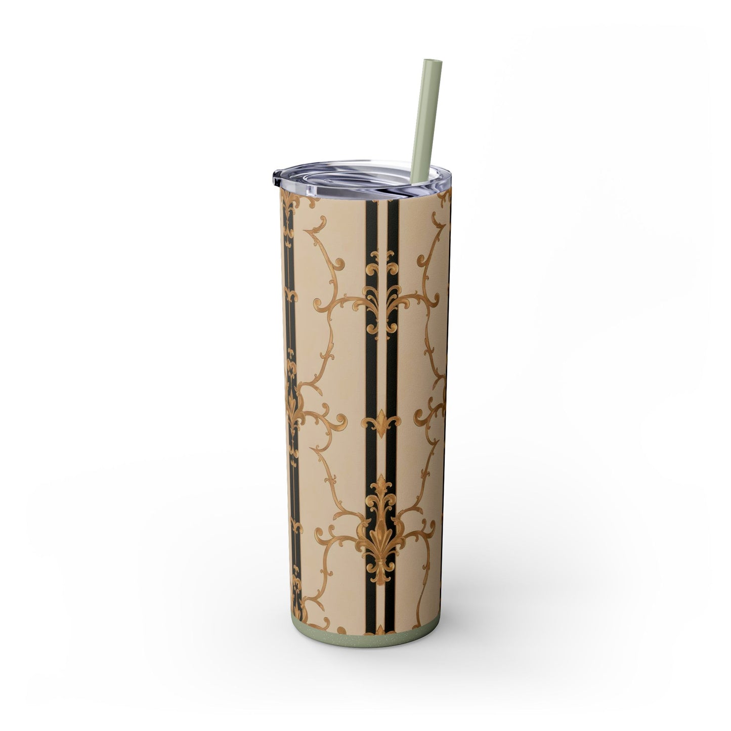 Elegant Gold Patterned Skinny Tumbler with Straw, 20oz | Stylish Travel Mug, Gift for Her, Fancy Drinkware - Black & Beige Striped Damask