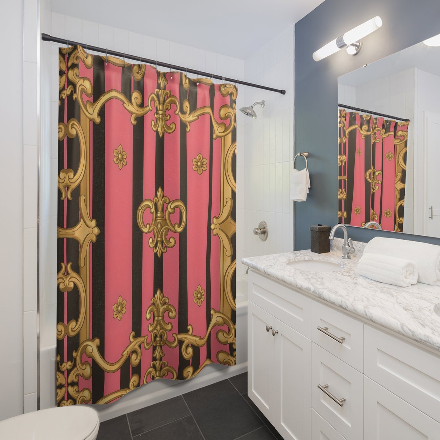 Glamorous Pink and Black Shower Curtain, Elegant Bathroom Decor, Modern Home - Pink & Black Striped Gold Baroque
