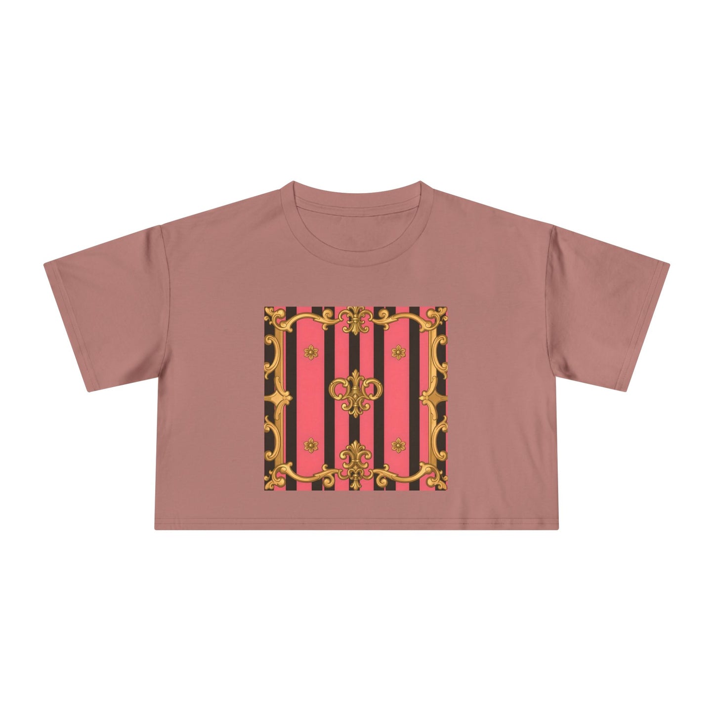 Chic Vintage-Inspired Women's Crop Tee, Stylish Summer Top, Trendy Fashion Tee, Baroque Casual Wear - Pink & Black Striped Gold Baroque